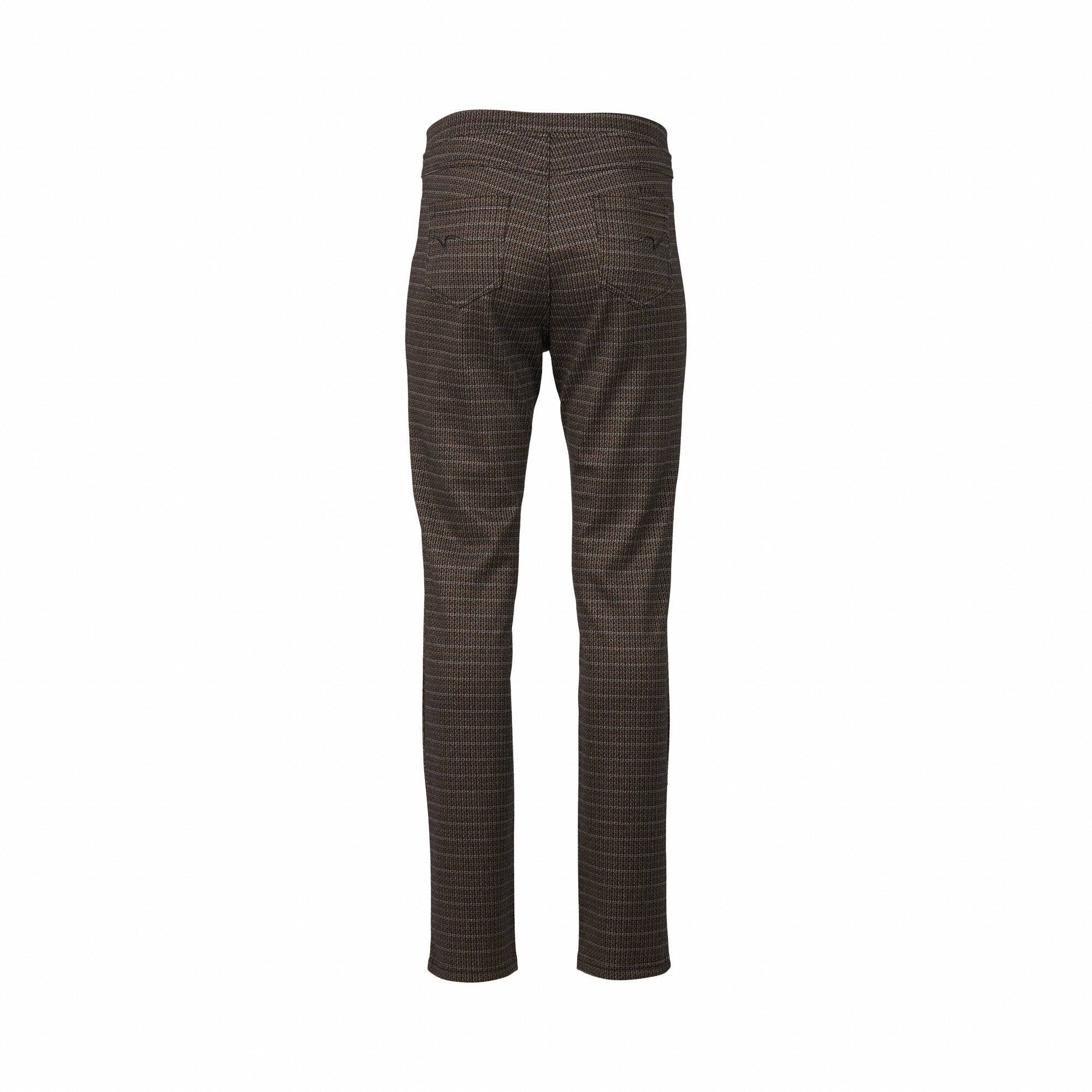 Back view of the Vassalli Bay Knit Pull On - Sutton pants in brown plaid, featuring two back pockets and a slim leg pull-on design made from comfortable stretch fabric, displayed on a plain white background.