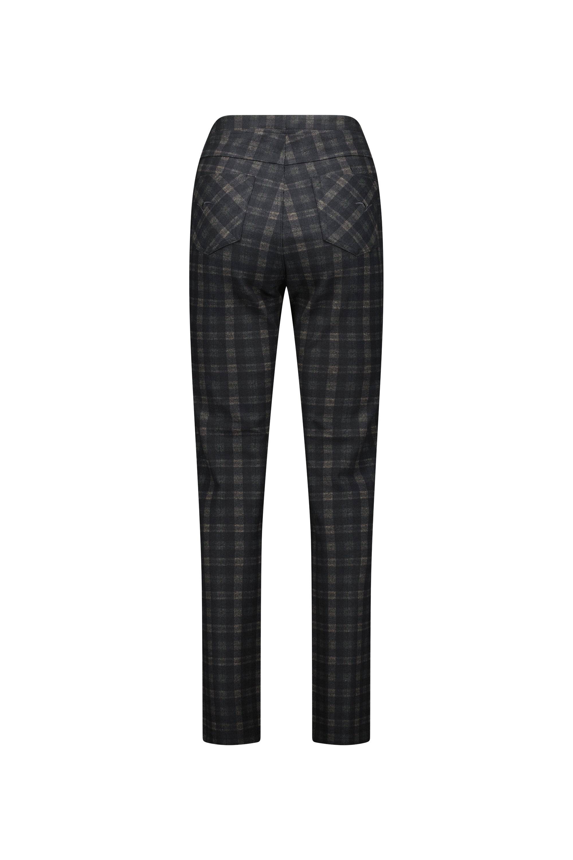 Back view of the Vassalli Bay Ponti Pull On - Halifax pants with a dark plaid print, two large back pockets, straight legs, and a fitted waist, shown against a plain white background.