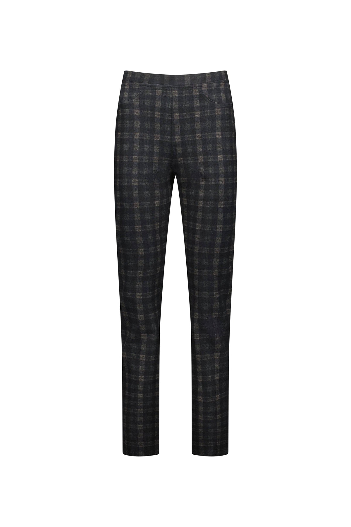 Vassalli Bay Ponti Pull On - Halifax pants in a straight-leg cut, showcasing a dark plaid pattern in black and gray, displayed against a white background.