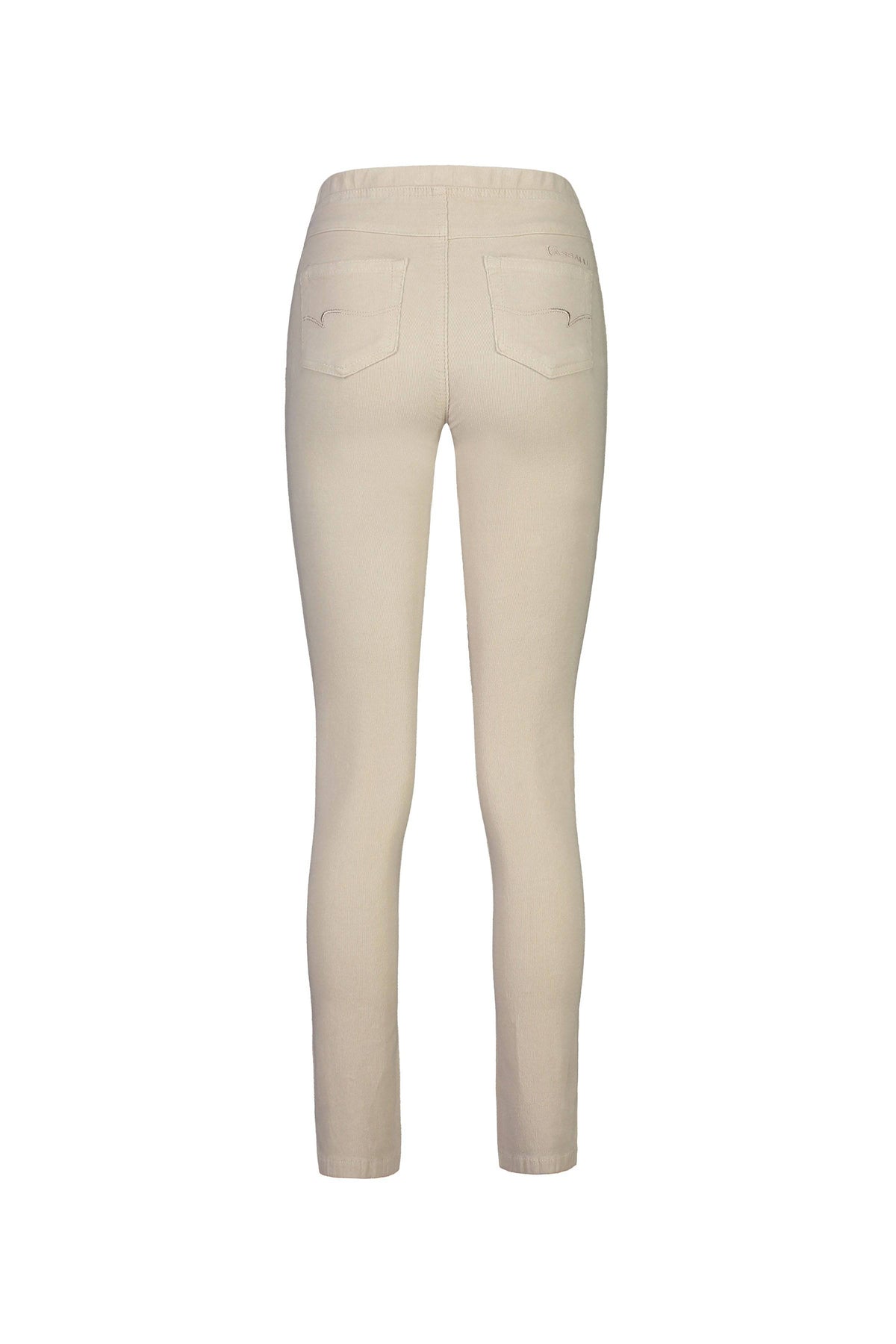Vassalli Bay Cord Pull On pants in Bone, high-waisted with a slim leg and stretch fabric, shown from the back. Features include two back pockets and a seamless waistband, displayed against a plain white background.