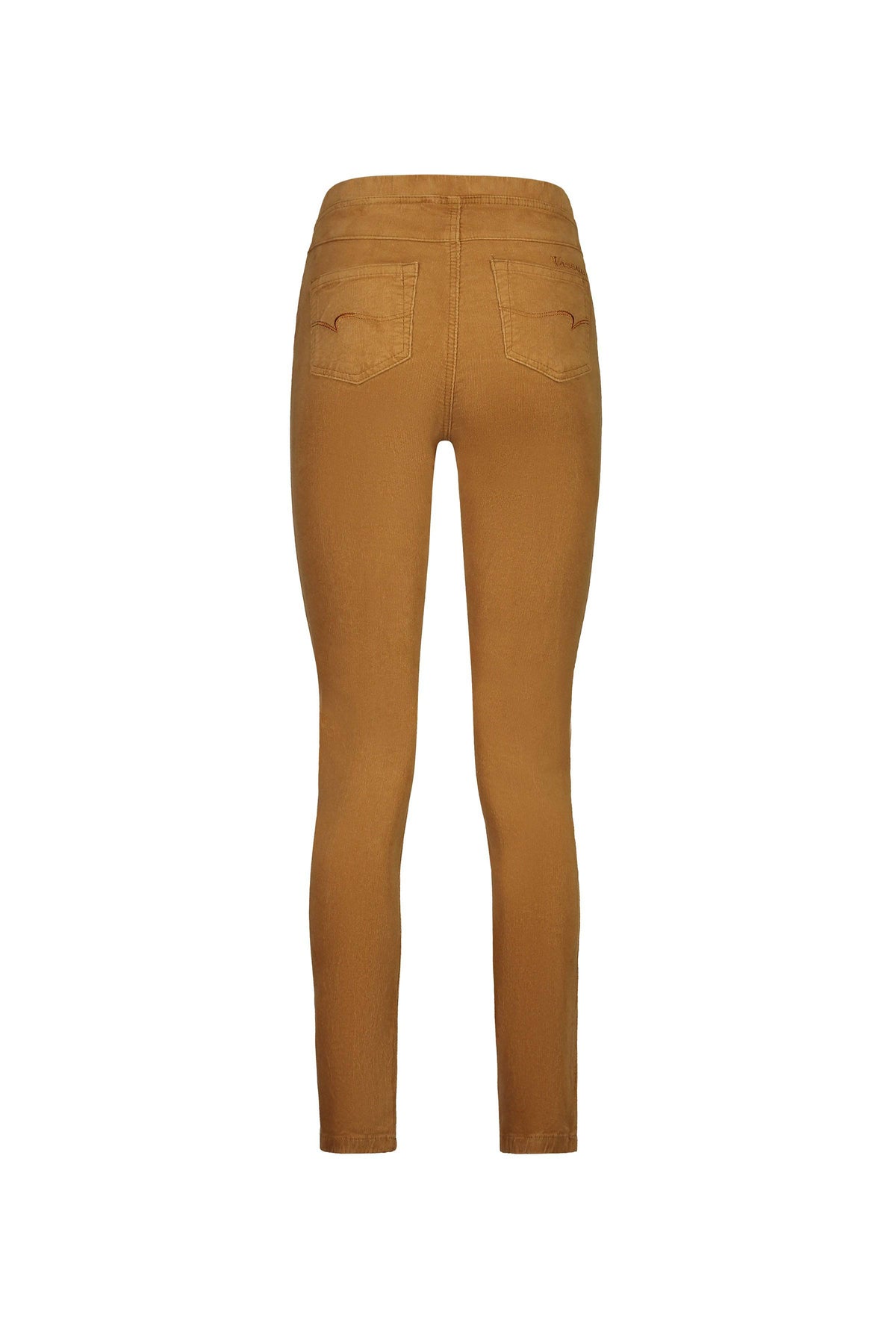 Vassalli Bay Cord Pull On pants in Copper shown from the back, featuring two rear pockets and a fitted silhouette, displayed against a plain white background.