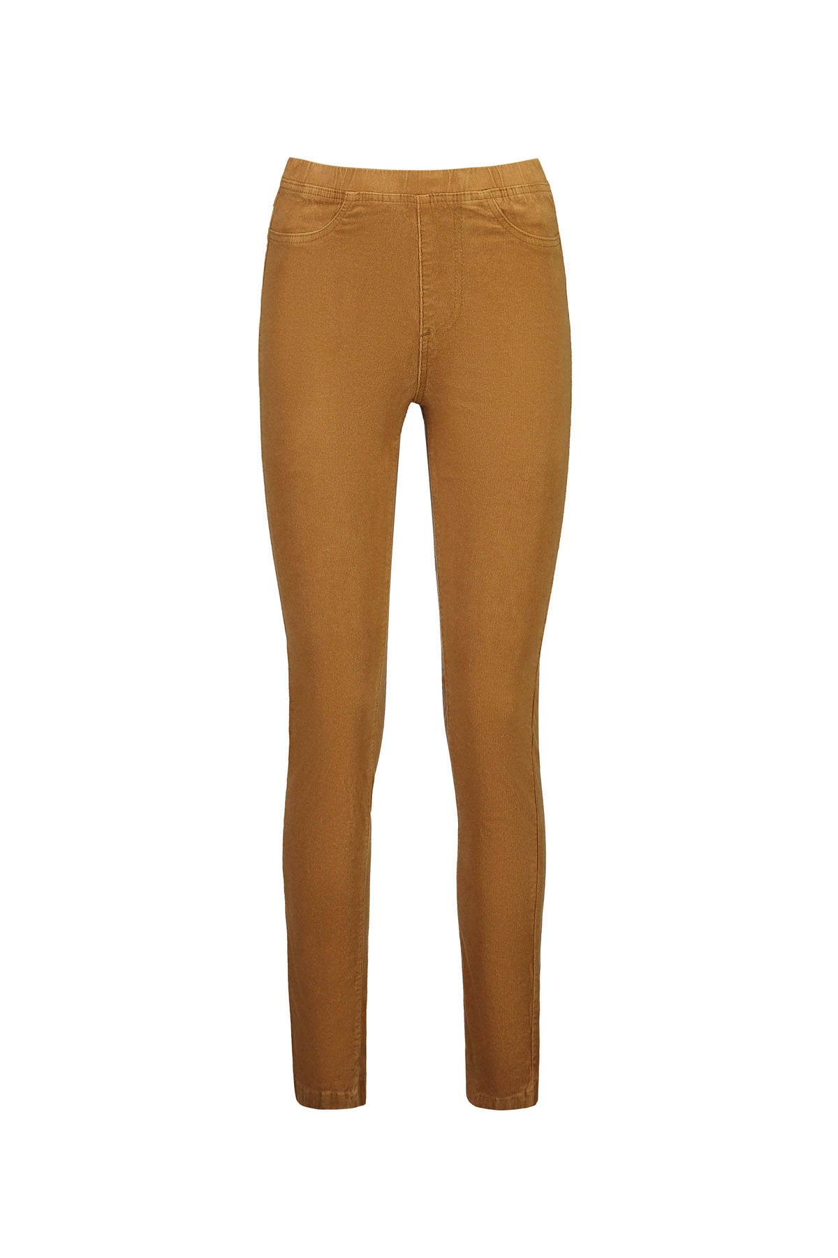 A pair of Vassalli Bay Cord Pull On pants in copper, featuring a slim fit and elastic waistband, displayed on a plain white background.