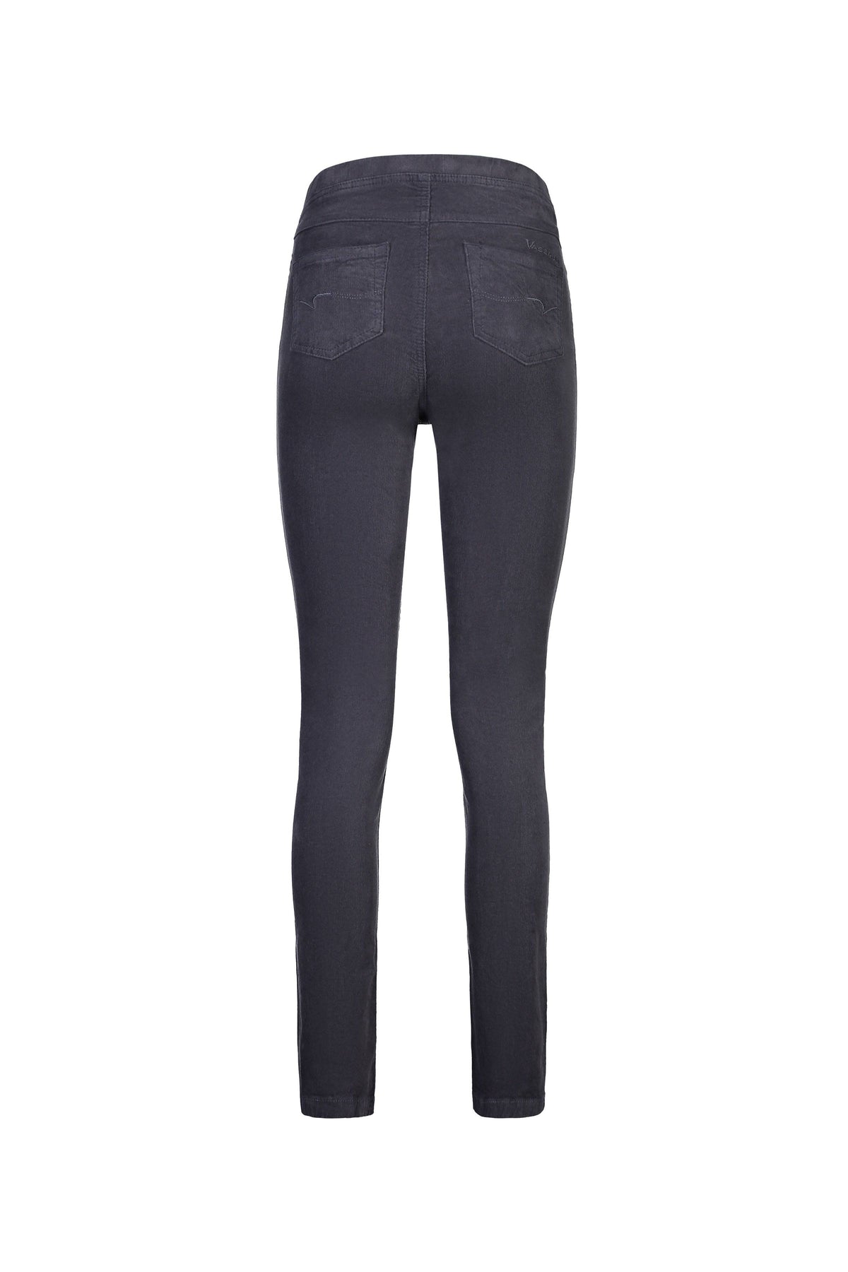 Back view of Vassalli Bay Cord Pull On pants in Graphite, featuring an elastic waistband, two back pockets, belt loops, and slim ankle-length legs, shown on a white background.