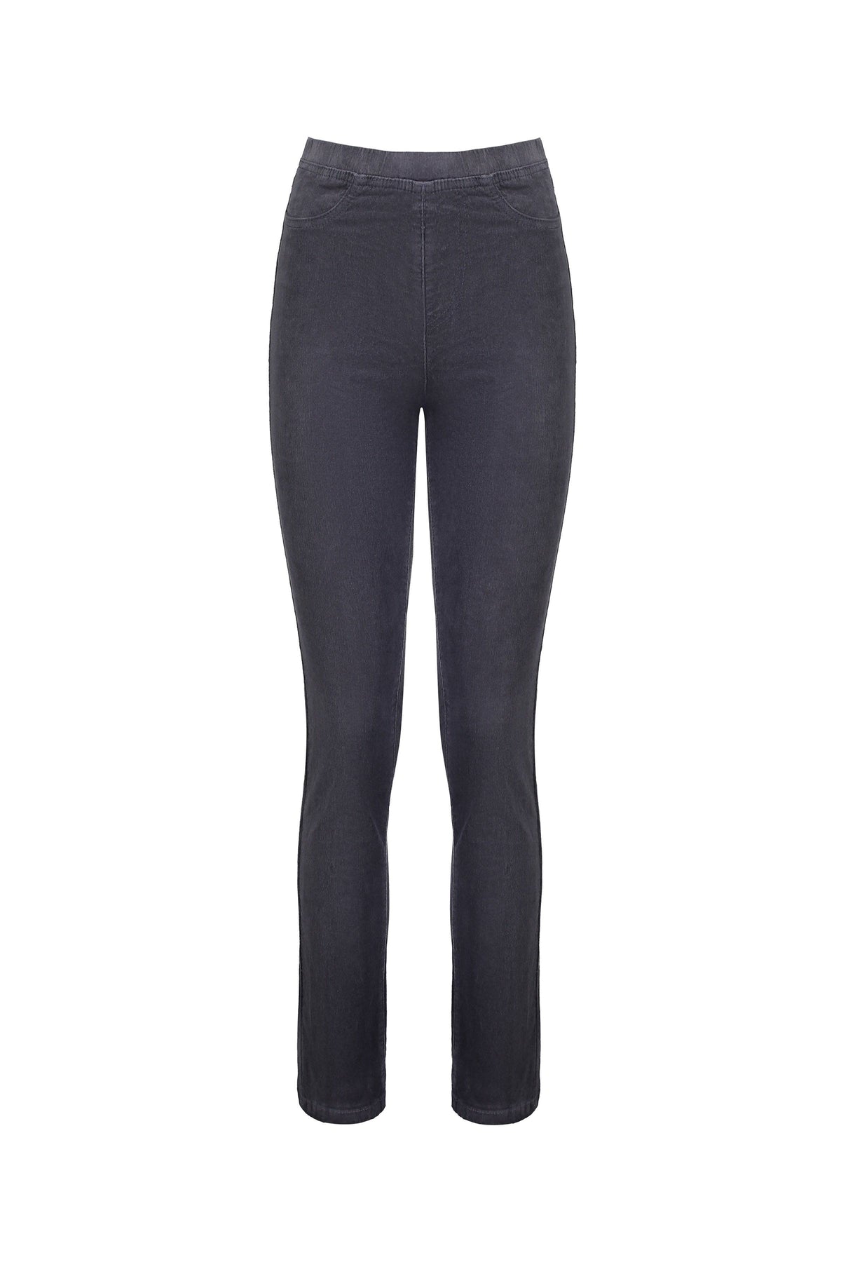 The Vassalli Bay Cord Pull On pants for women in graphite feature a slim leg, stretch fabric, and an elastic waistband, shown on a white background.