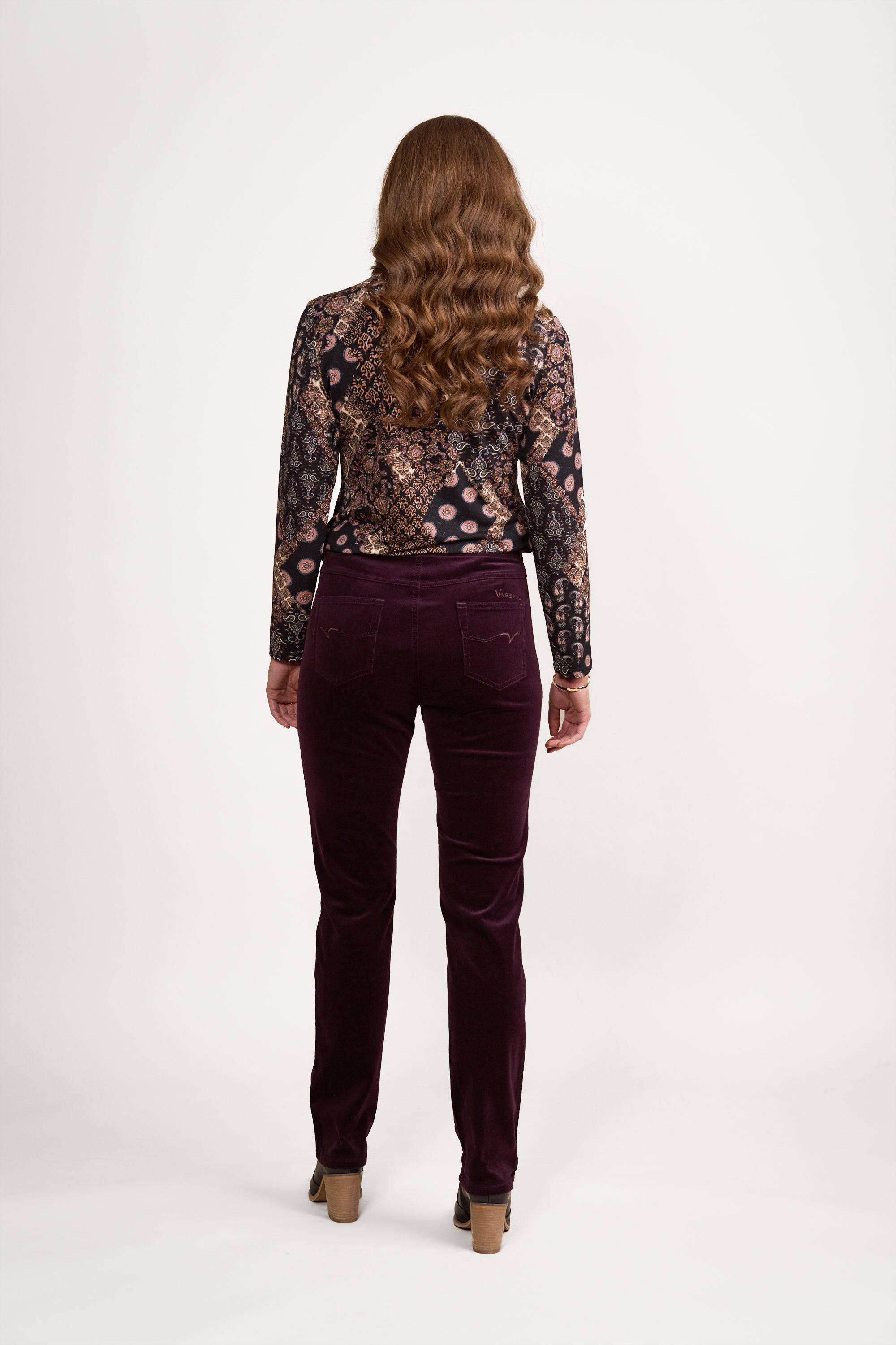 234M Mulberry - Slim Leg Full Length Pinwale Cord Pull-On - Vassalli