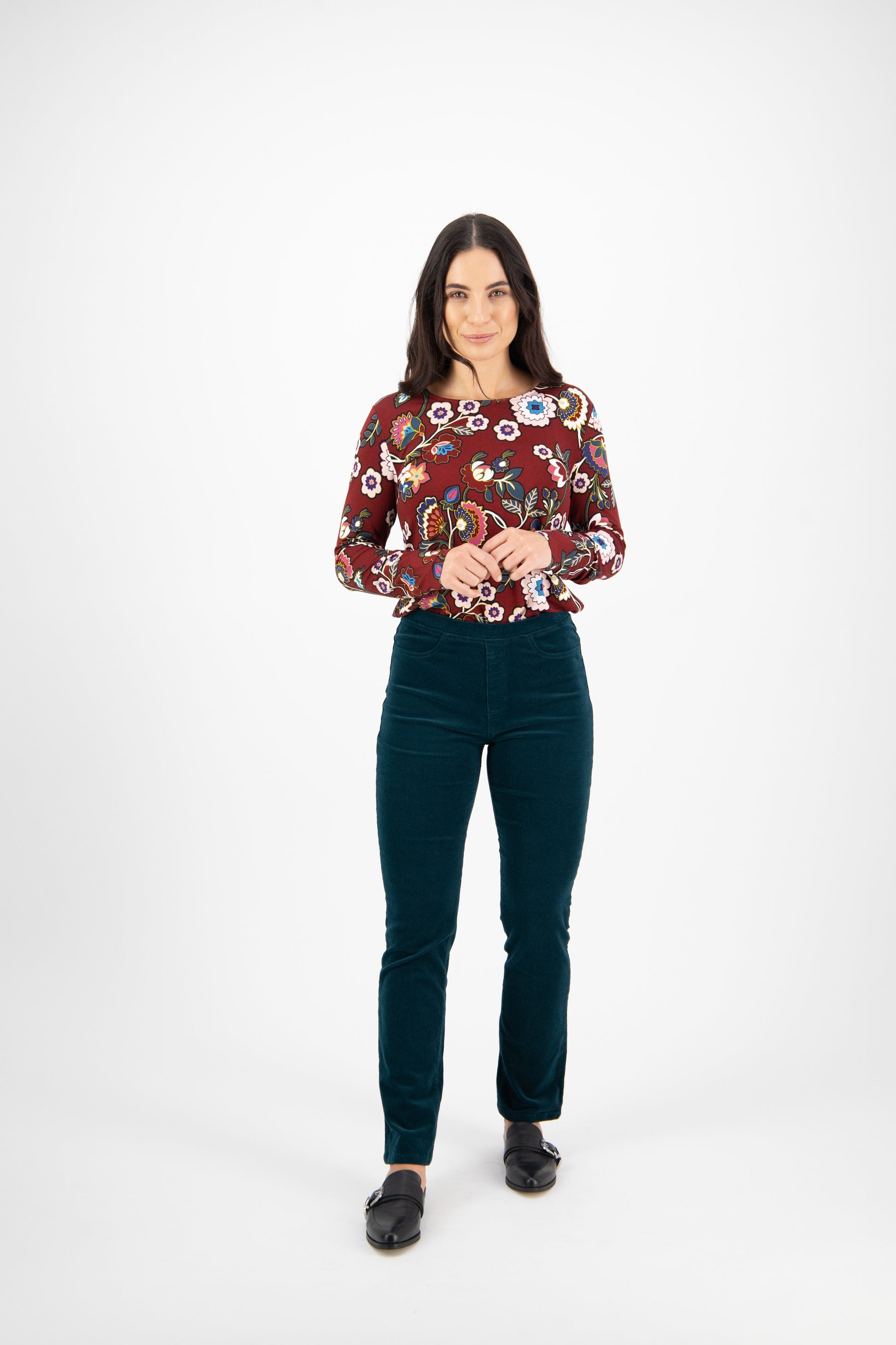234M Peacock - Slim Leg Full Length Pinwale Cord Pull-On - Vassalli