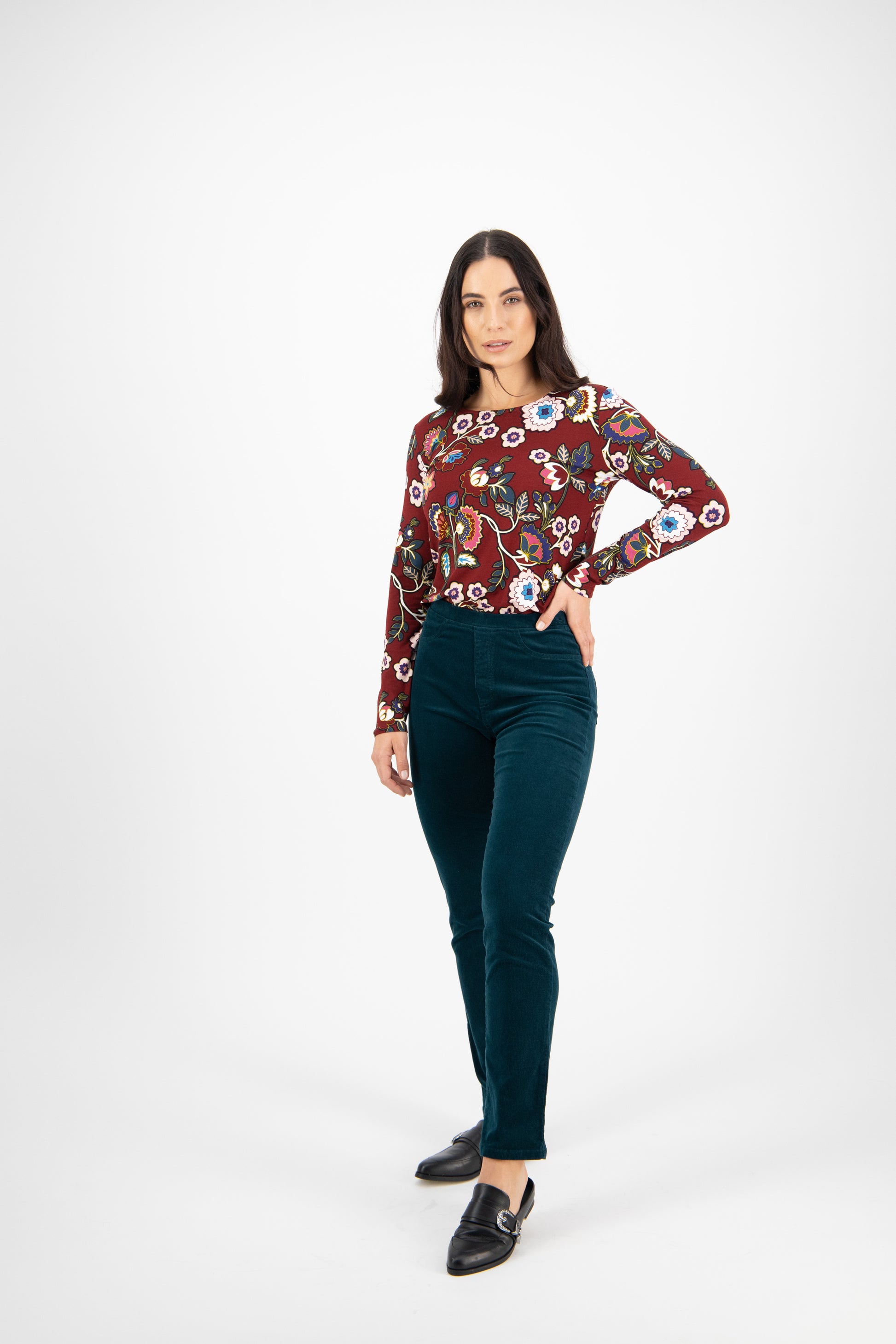 234M Peacock - Slim Leg Full Length Pinwale Cord Pull-On - Vassalli