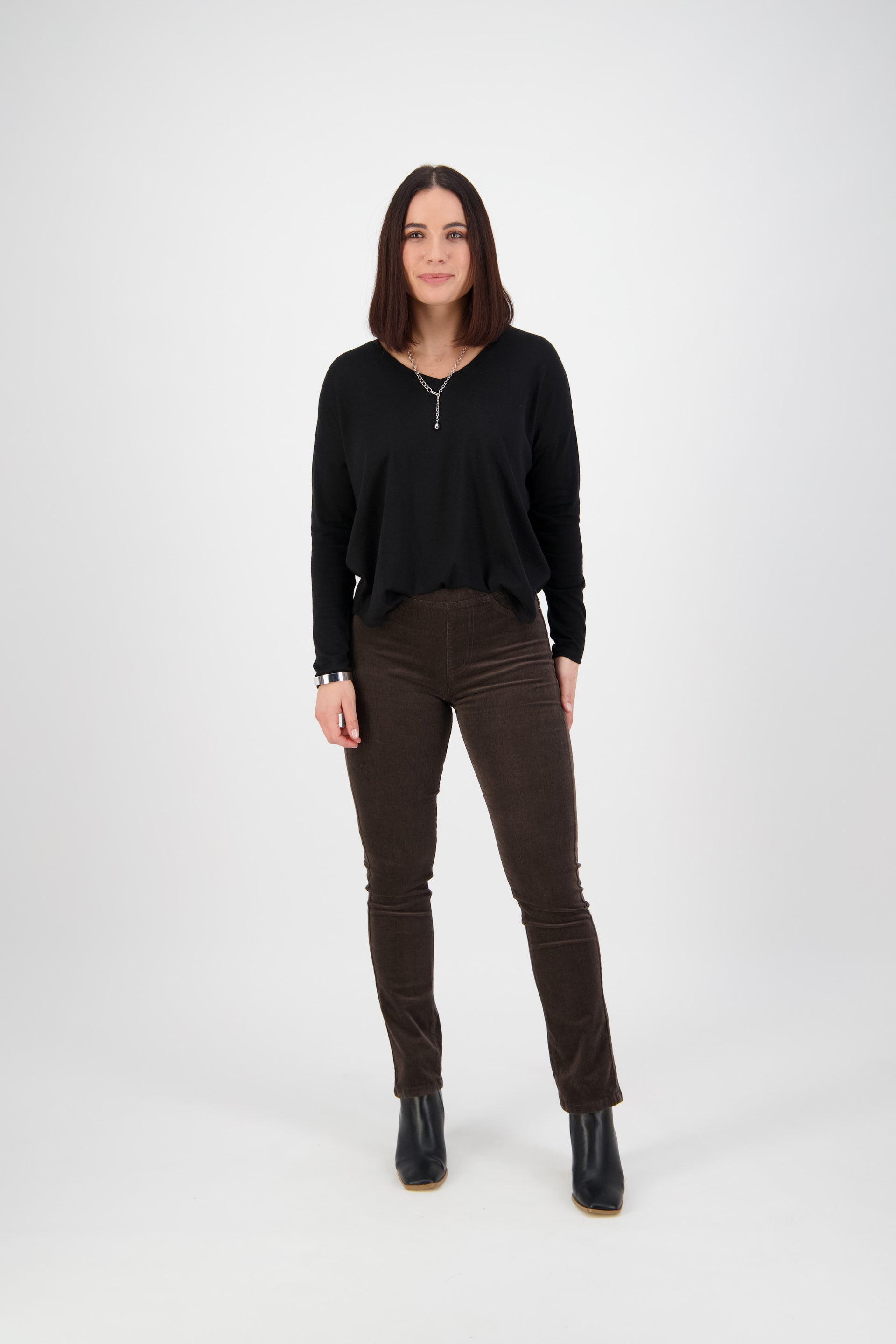 234M Walnut - Slim Leg Full Length Pinwale Cord Pull-On - Vassalli