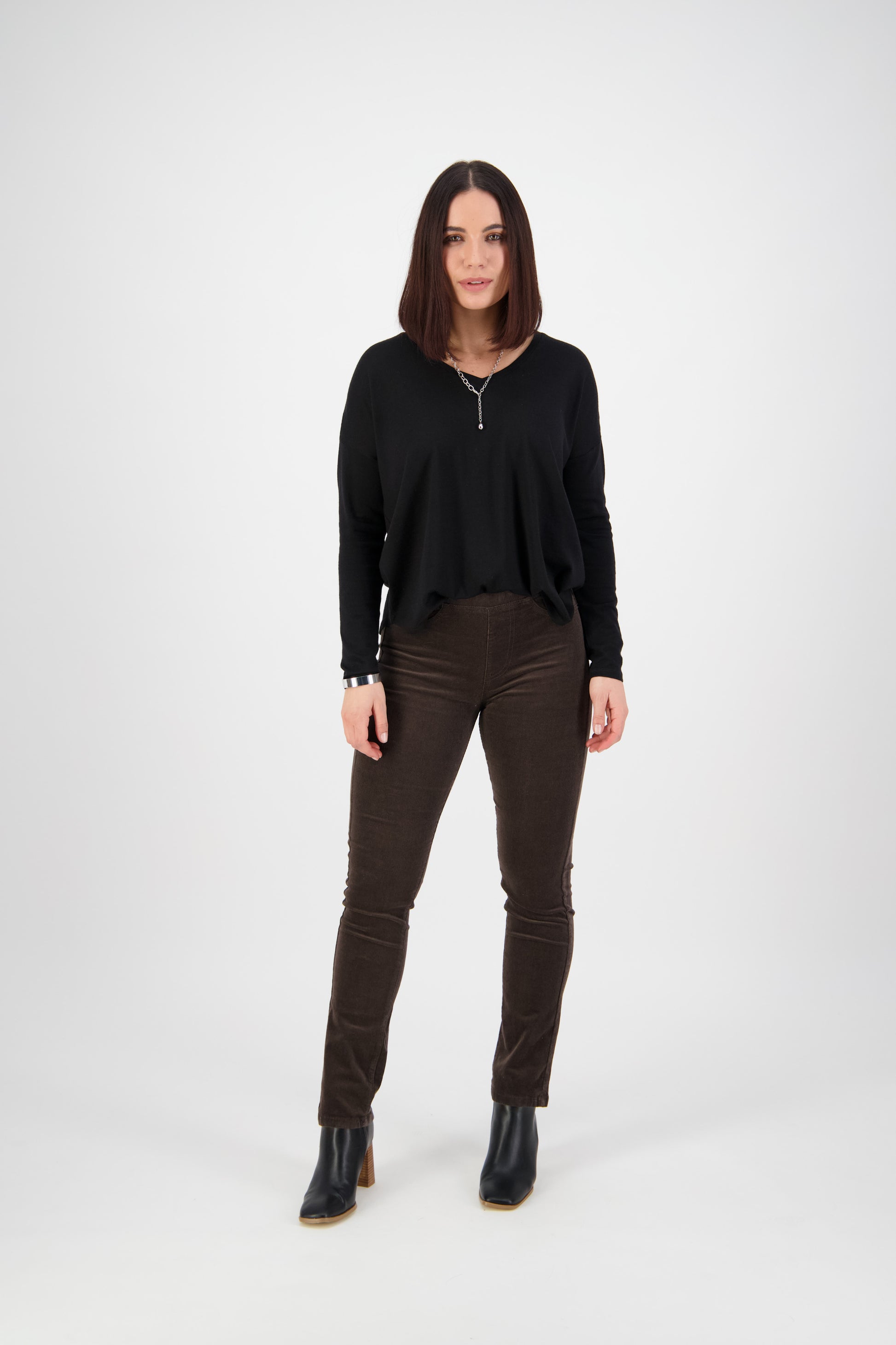 234M Walnut - Slim Leg Full Length Pinwale Cord Pull-On - Vassalli
