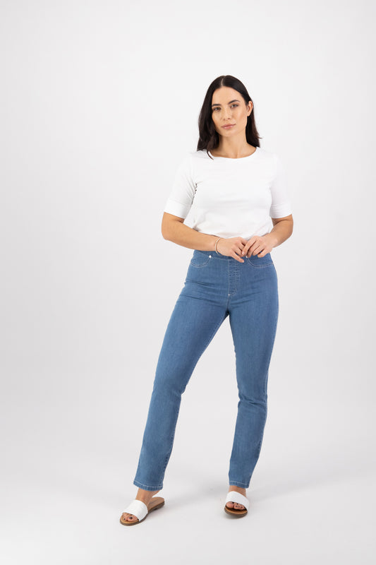 234 Mid Wash - Slim Leg Full Length Lightweight Denim Pull On - Vassalli