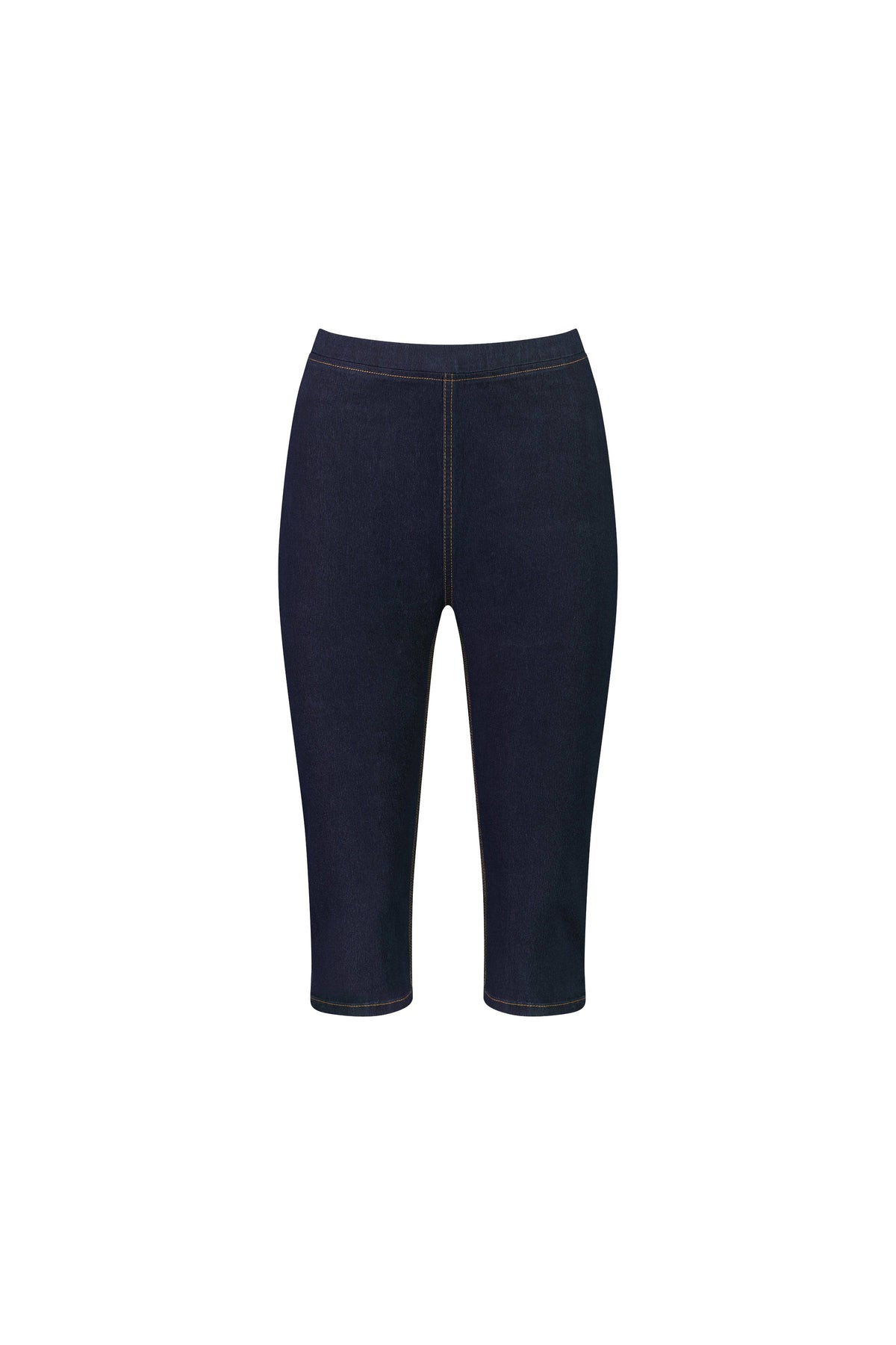 The Vassalli Atlas 3/4 Pant in Indigo Denim (Contrast Stitch) features high-waisted, dark blue stretch denim with contrast stitching and a skinny fit, shown on a plain white background.