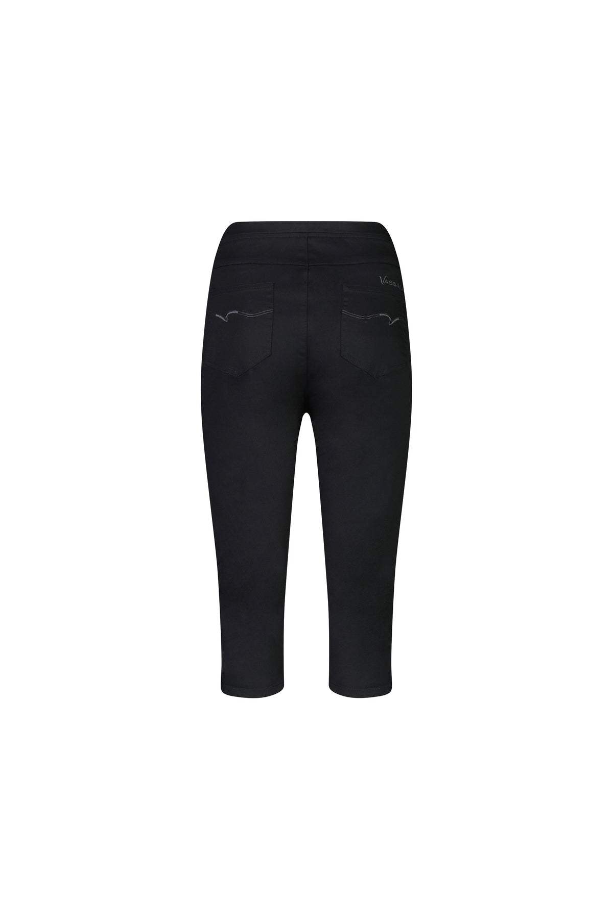 Atlas 3/4 Pant in Black by Vassalli, shown from the back with an elastic waistband, two subtly stitched back pockets, and a skinny fit, displayed on a plain white background.