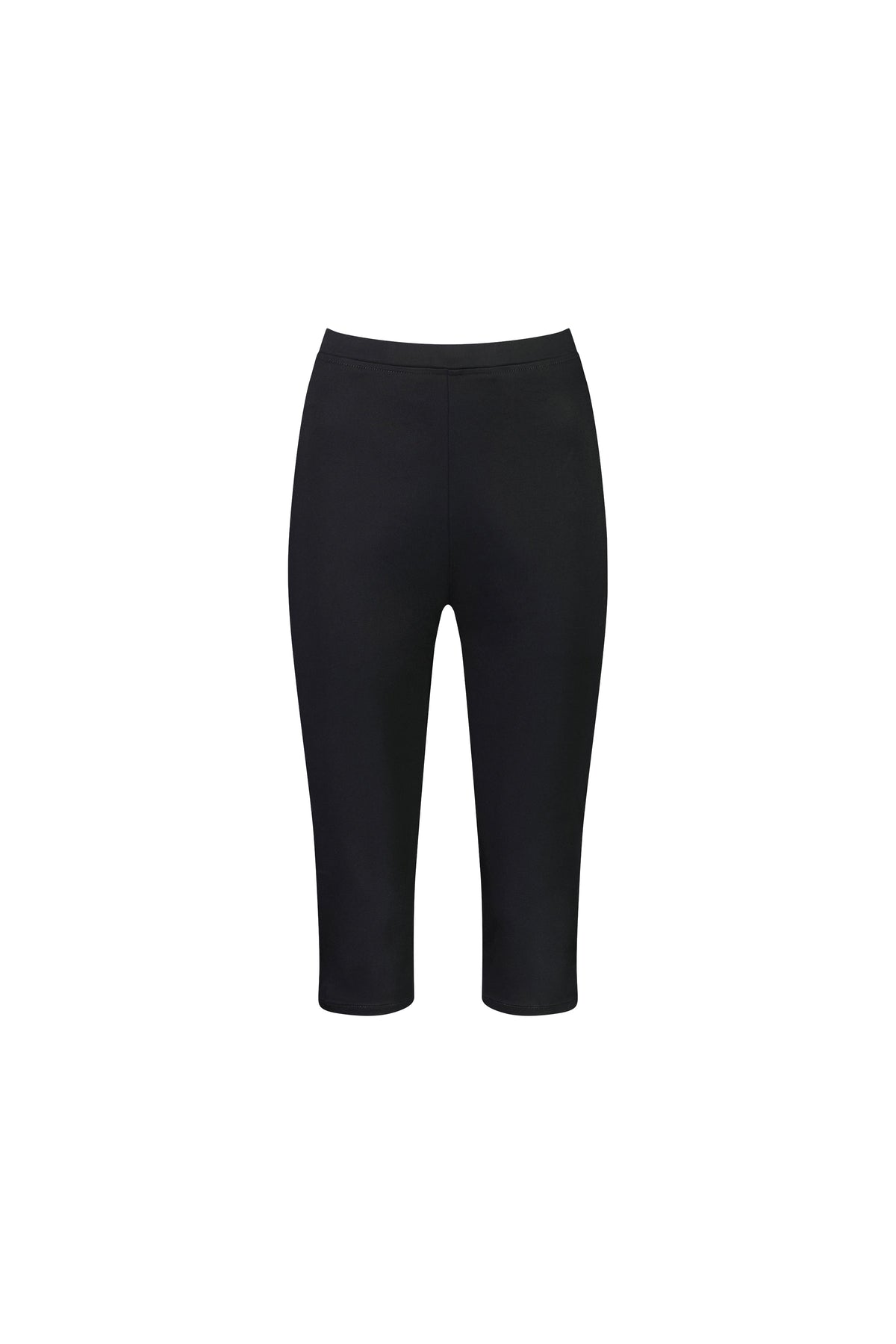 The Vassalli Atlas 3/4 Pant in black features a high-rise, elastic waistband and a form-fitting, skinny leg design that ends just below the knee. These lightweight, cropped leggings have a clean look with no visible logos or embellishments.
