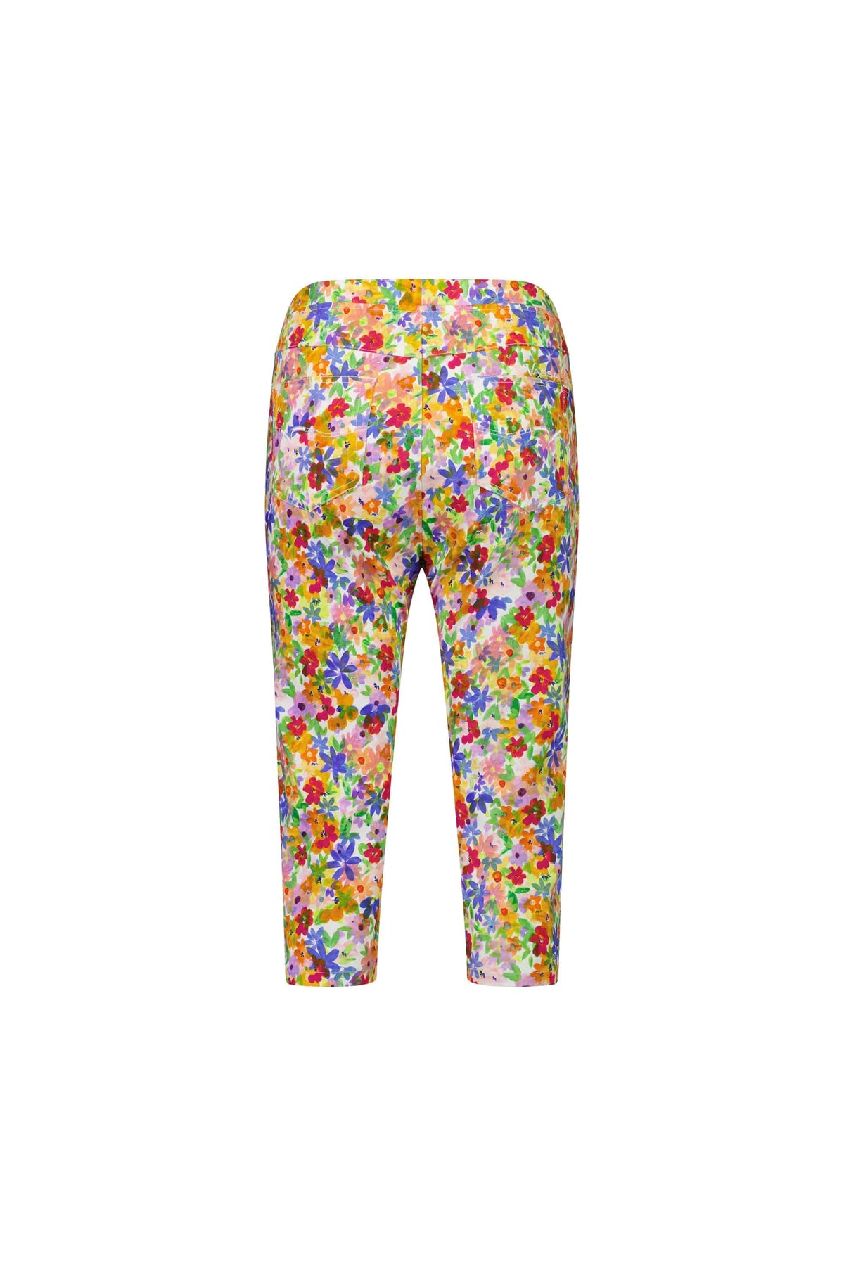 Back view of Vassalli Atlas 3/4 Pant - Bloom, showcasing a vibrant exclusive Bloom floral print on white.