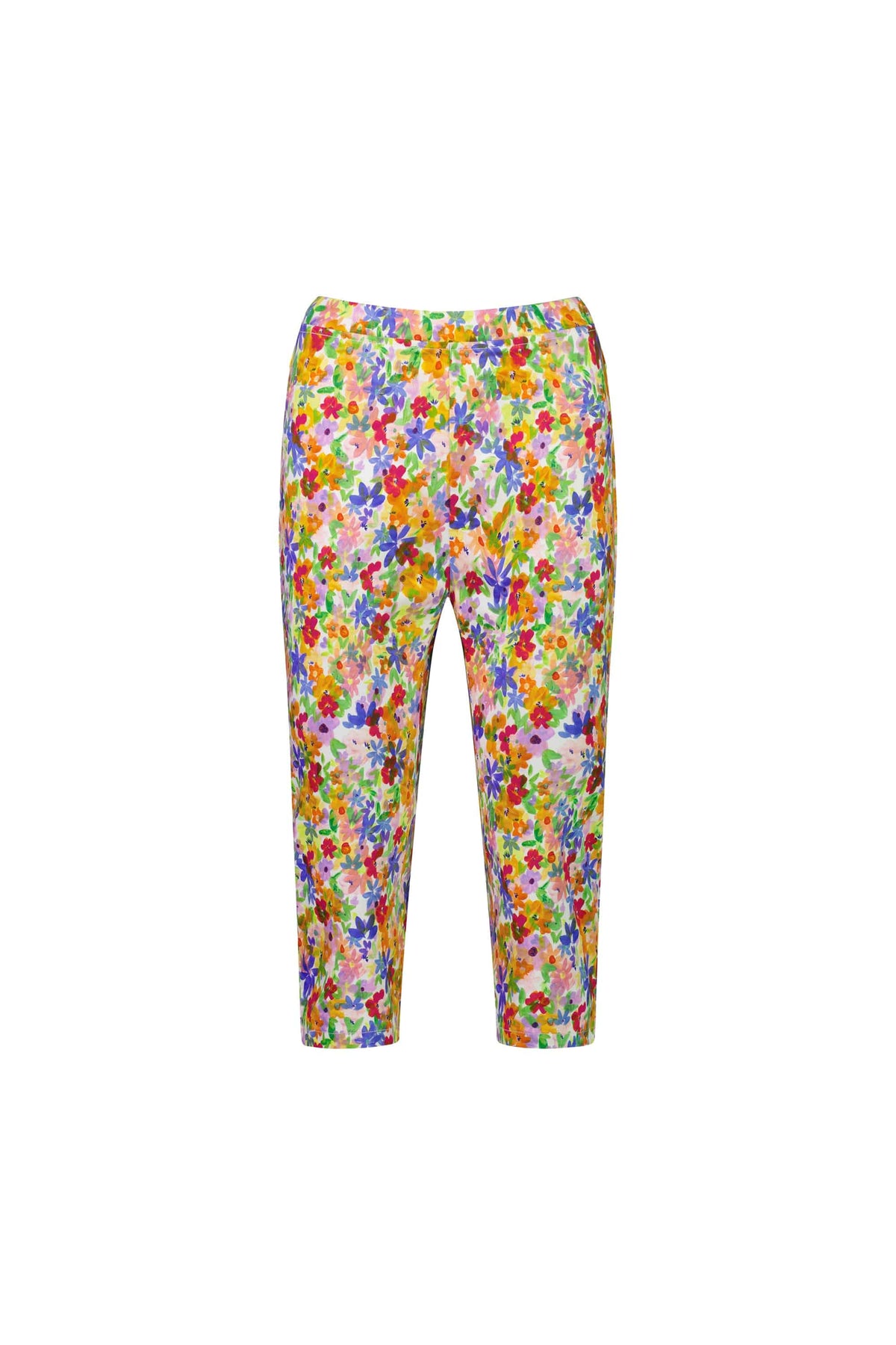 The Vassalli Atlas 3/4 Pant - Bloom features a vibrant floral print in red, yellow, orange, green, purple, and blue on white. These lightweight skinny leg pull-ons are shown against a plain white background.