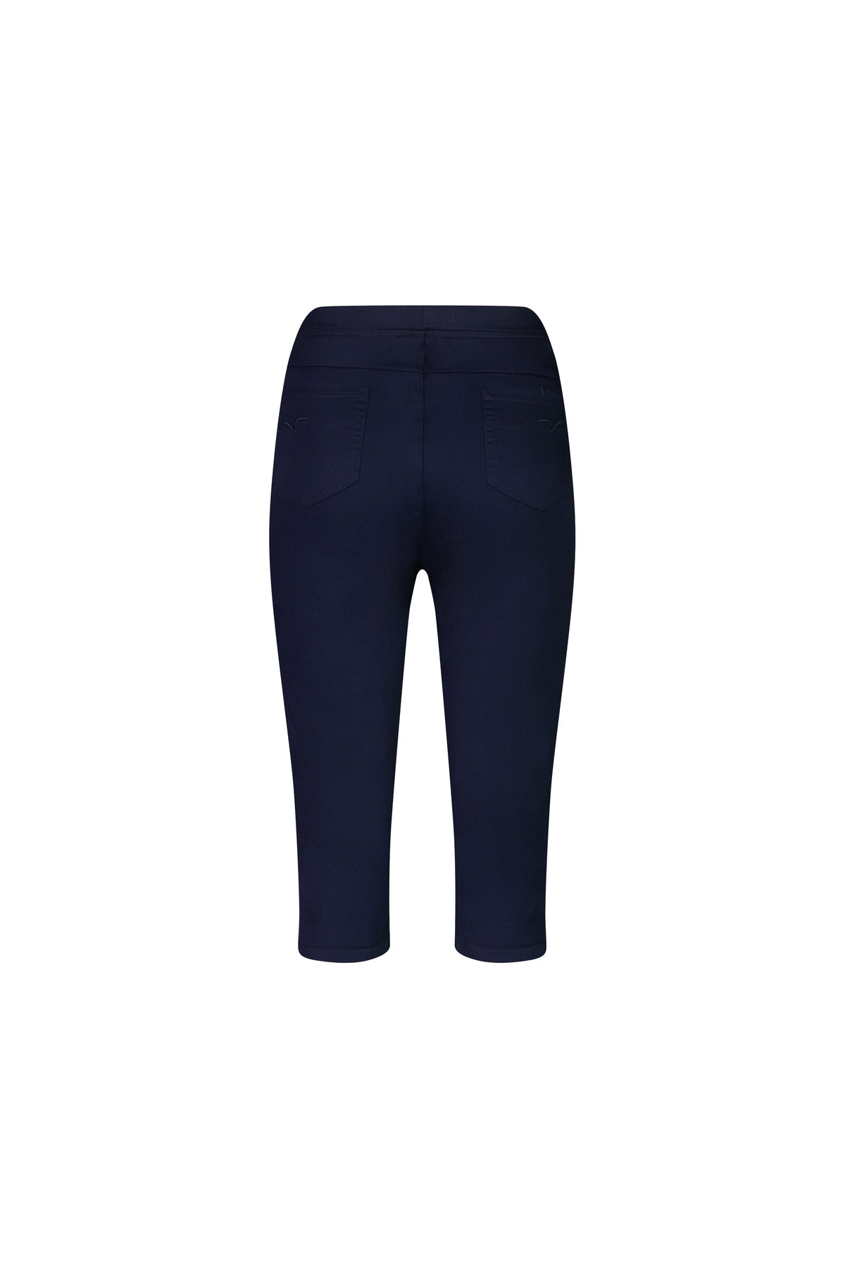 Back view of the Vassalli Atlas 3/4 Pant in navy, featuring a skinny leg fit, two back pockets, and an elastic waistband, shown on a plain white background.
