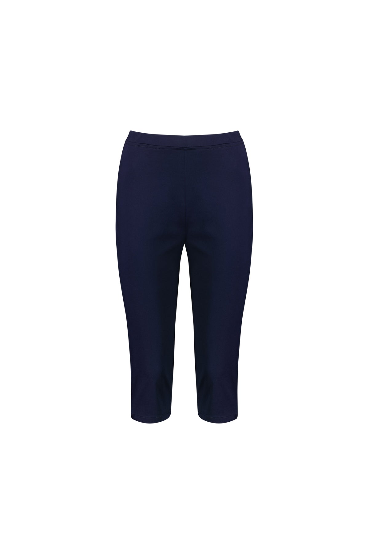 The Vassalli Atlas 3/4 Pant in navy features a knee-length, fitted skinny leg and an elastic waistband, displayed on a white background.