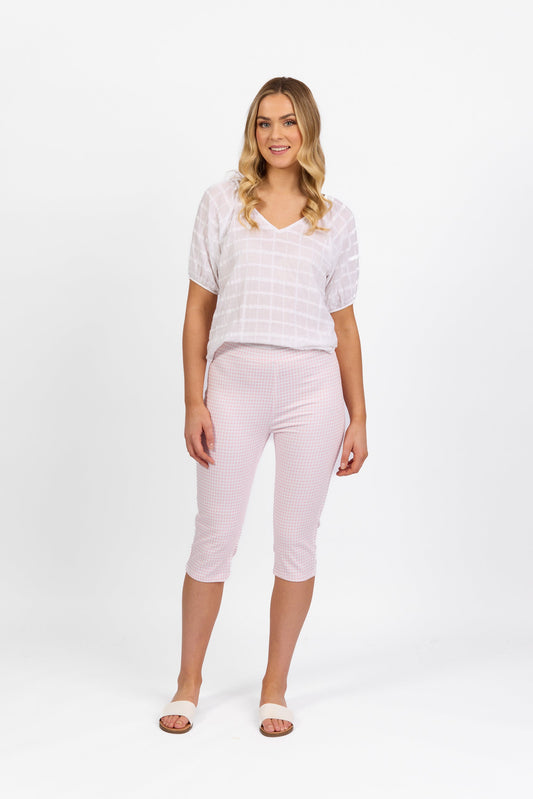 261LW Pink Gingham - Printed Skinny Leg 3/4 Length Lightweight Pull On - Vassalli