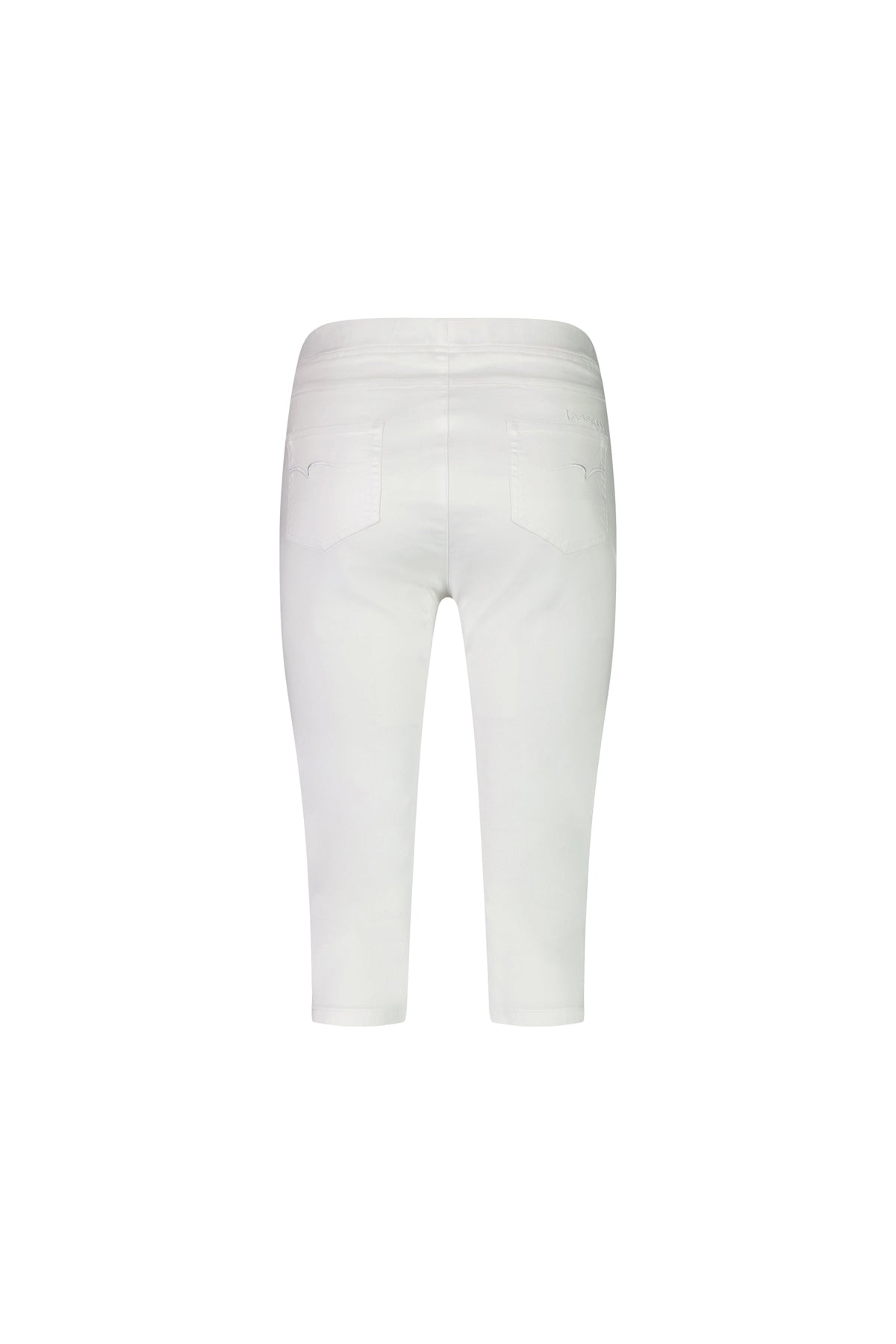 Back view of the Vassalli Atlas 3/4 Pant in white, featuring a skinny leg and two back pockets, shown on a plain white background.
