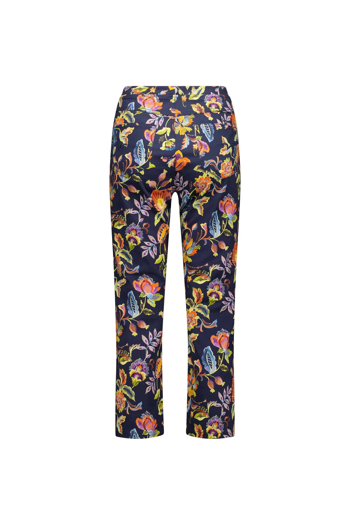 Back view of the Vassalli Sierra 7/8 Pant - Brazil in navy, featuring a vibrant floral pattern in yellow, pink, orange, and blue. Made from lightweight denim with a slim leg and comfortable pull-on style.