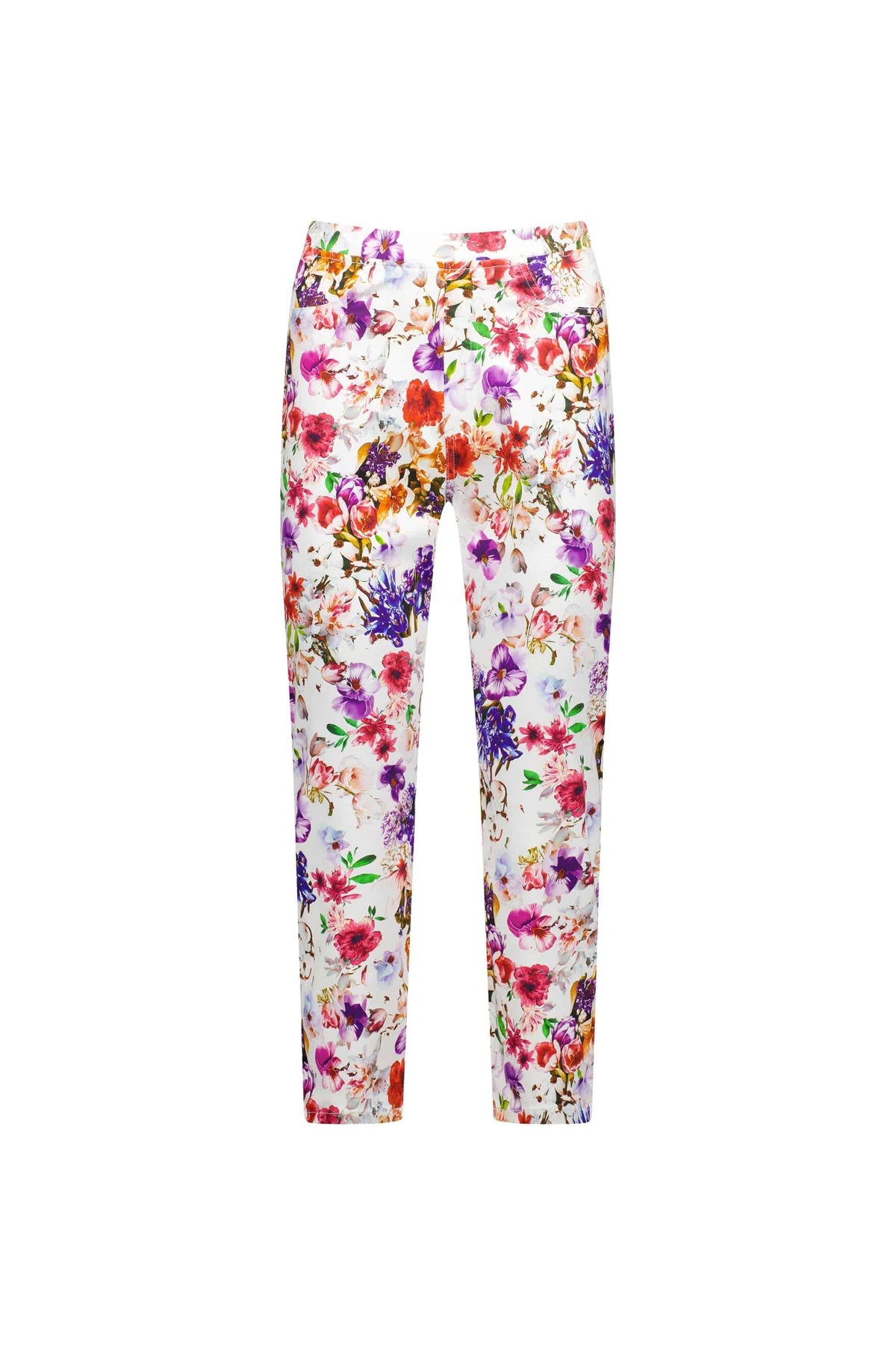 Vassalli Sierra 7/8 Pant - Burst features a vibrant all-over floral print in pink, purple, orange, and green on lightweight stretch fabric. These slim leg pull-on pants are shown on a plain white background.