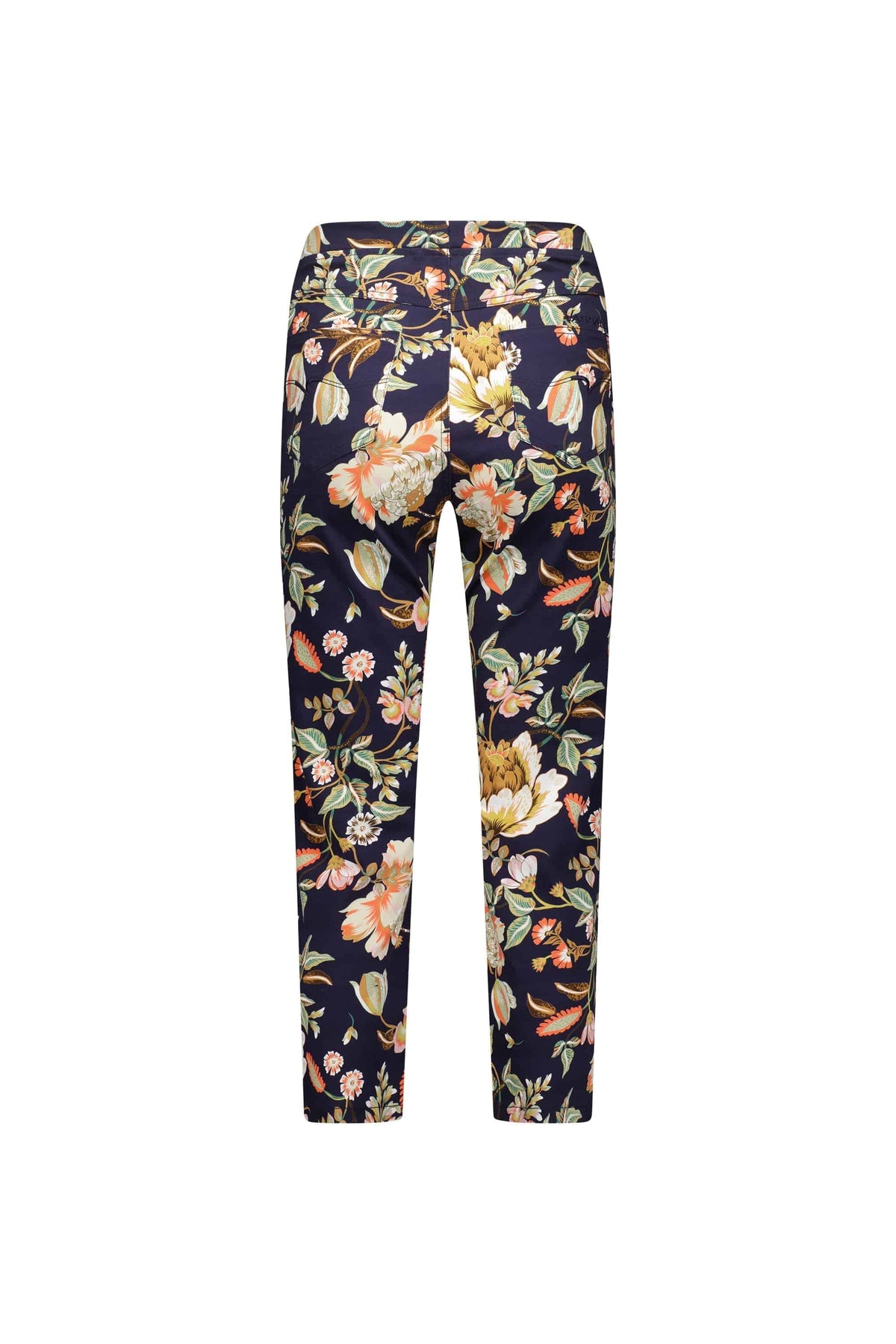 The Vassalli Sierra 7/8 Pant - Freya is a slim leg, cropped pant with a dark base and vibrant floral print in yellow, pink, green, and white. Made from stretch fabric for comfort, it’s shown from the back.