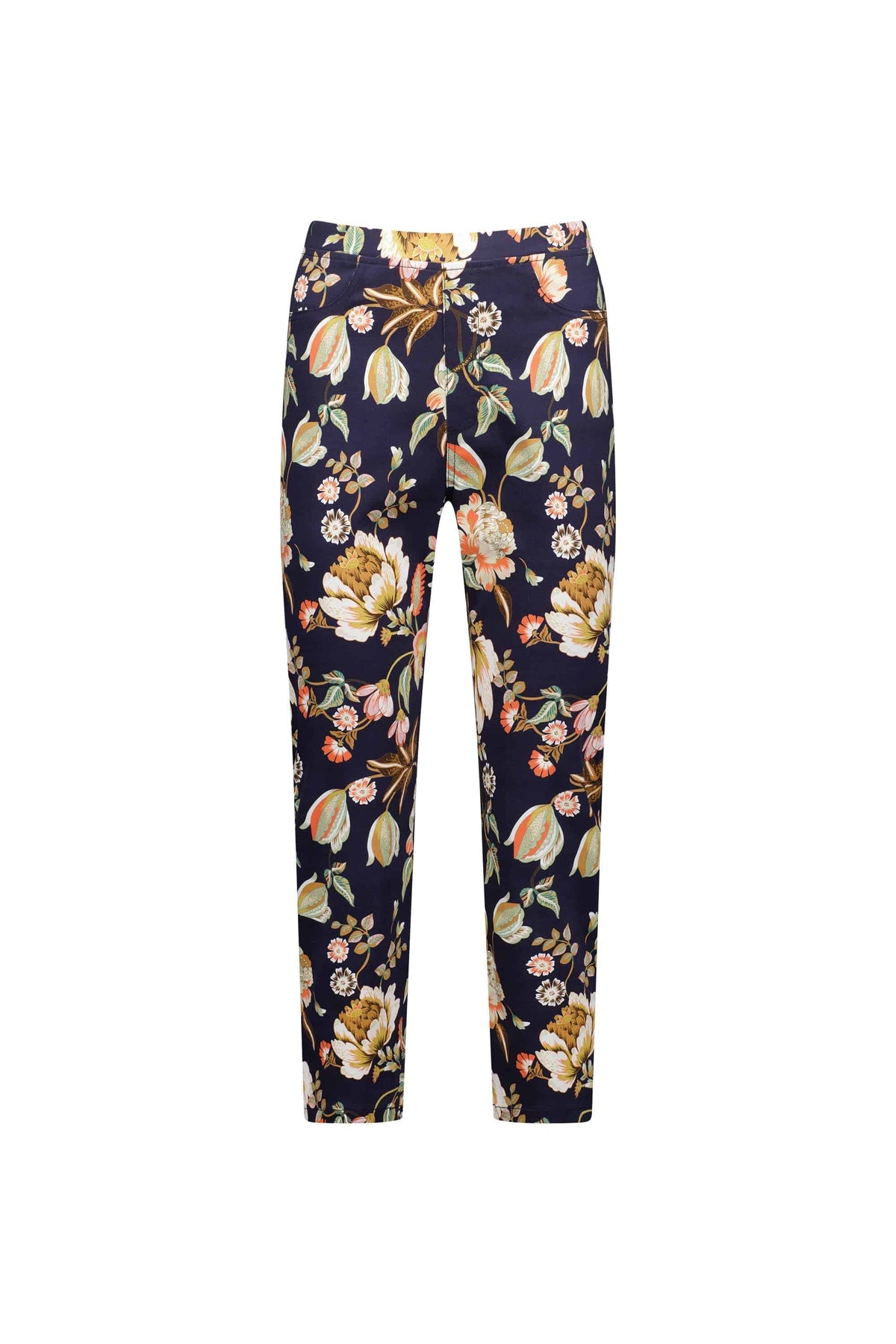 The Vassalli Sierra 7/8 Pant - Freya features a vibrant floral print in yellow, orange, and green on navy blue stretch fabric. These lightweight, slim leg pull-on pants have a fitted waist and straight ankle-length legs. Displayed on a white background.