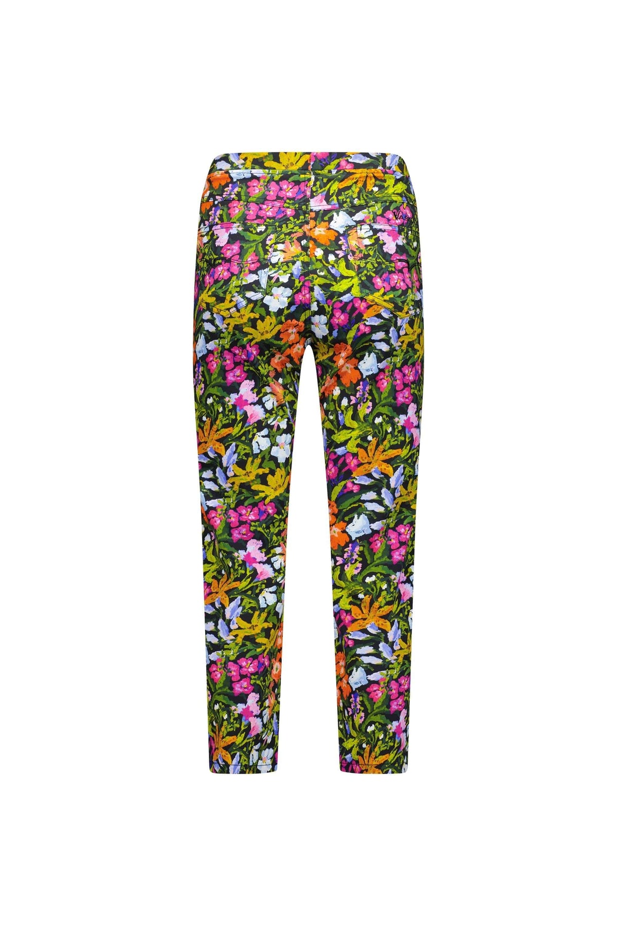 The Vassalli Sierra 7/8 Pant - Lola features a vibrant multicolored floral print on white. These lightweight, pull-on slim leg pants offer comfort and style, displayed against a plain white background.