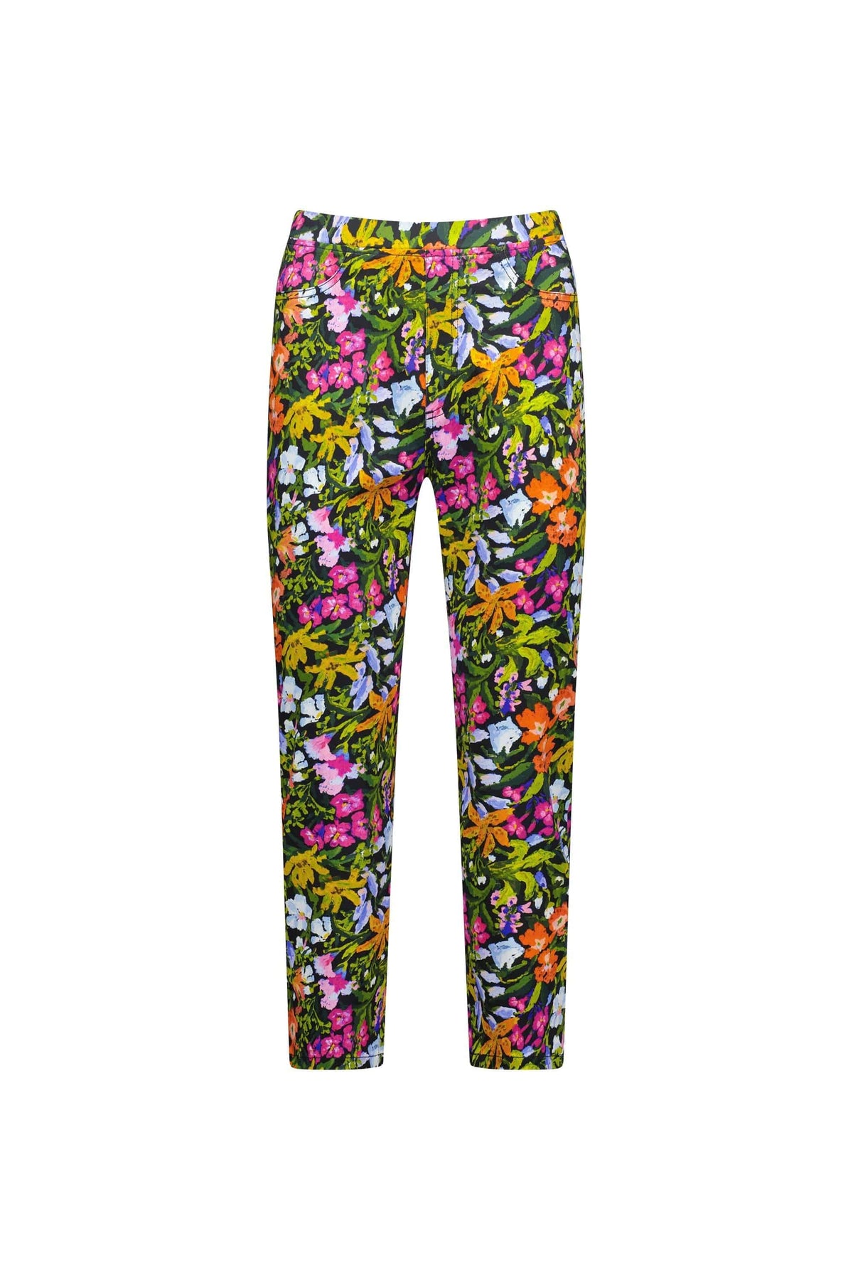 The Vassalli Sierra 7/8 Pant - Lola features a stylish slim-leg cut and a vibrant multicolored floral print with green, orange, pink, purple, and white flowers on a dark background.