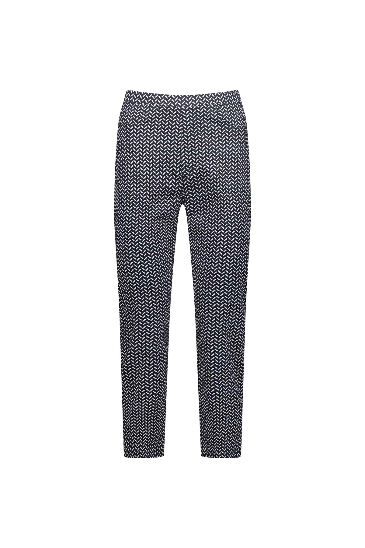 The Vassalli Sierra 7/8 Pant - Nori features a sleek black and white pattern in a slim-fit silhouette, crafted from Vassalli’s Printed Slim Leg stretch fabric with a comfortable elastic waistband, and is displayed on a plain white background.