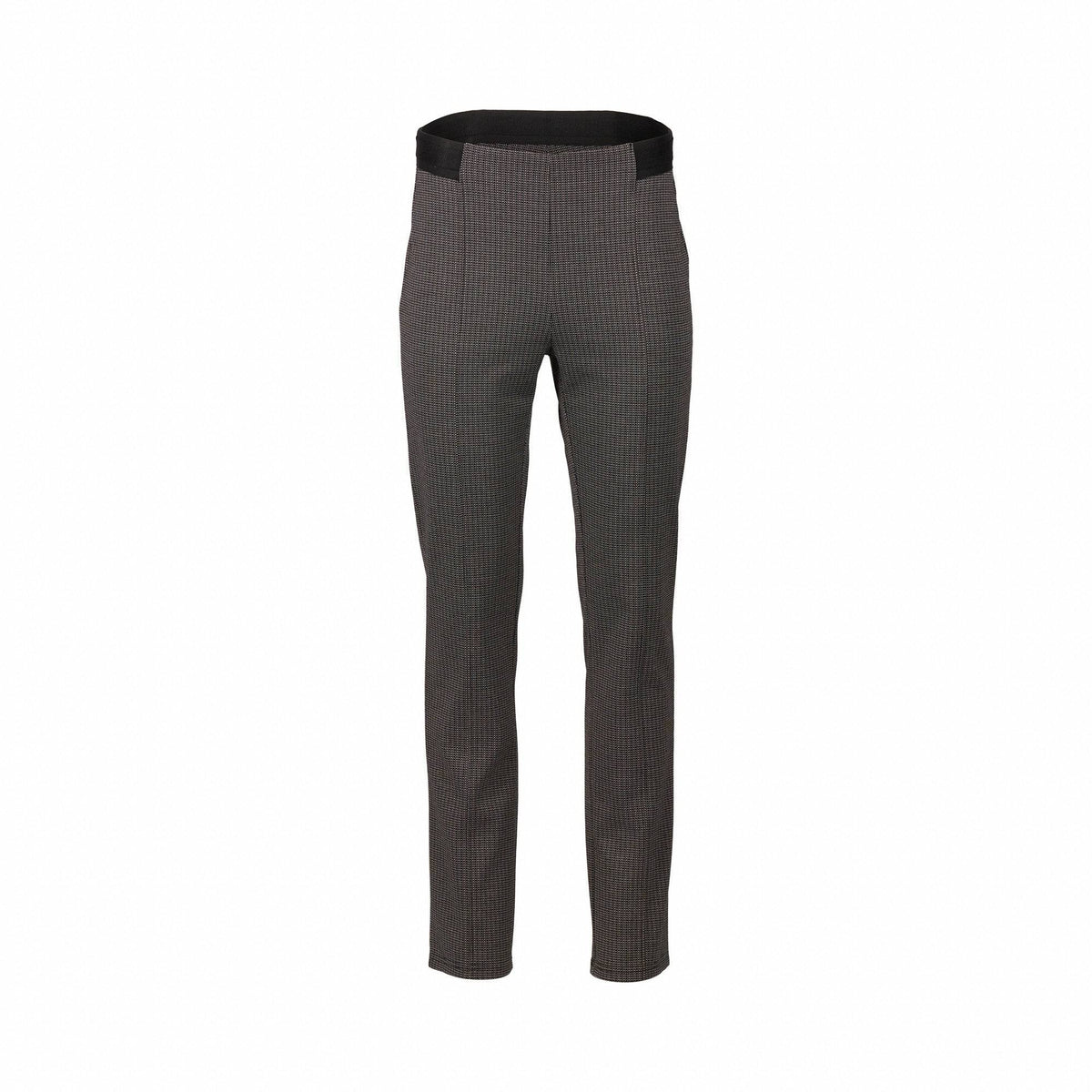 The Vassalli Everest Pull On - Jed features slim-fit, high-waisted gray checkered pants with a black elastic waistband and stretch fabric, shown on a plain white background.