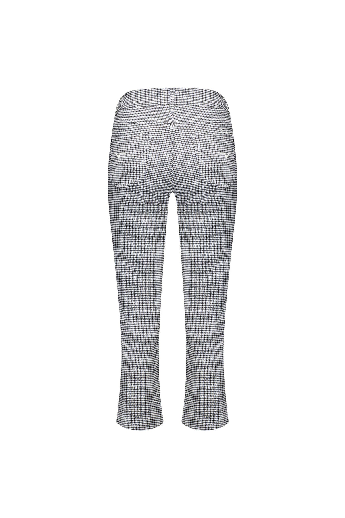 Back view of the Vassalli Tint Pull On - Check pant, an ankle-length slim style with a small black and white check pattern, stretch fabric, two back pockets, and belt loops.