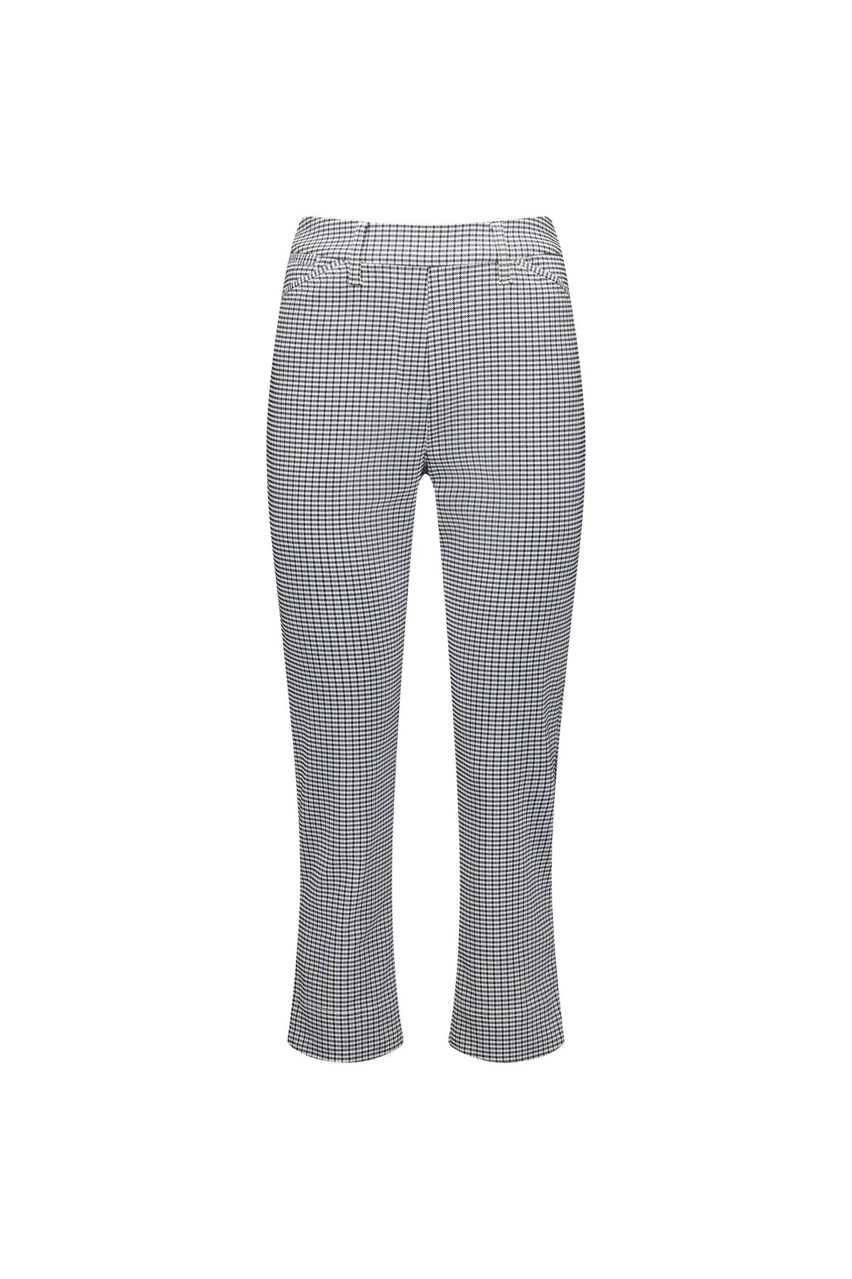 The Vassalli Tint Pull On - Check pant features a black and white small check pattern, stretch fabric for comfort, a slim fit, and front pockets, shown against a white background.