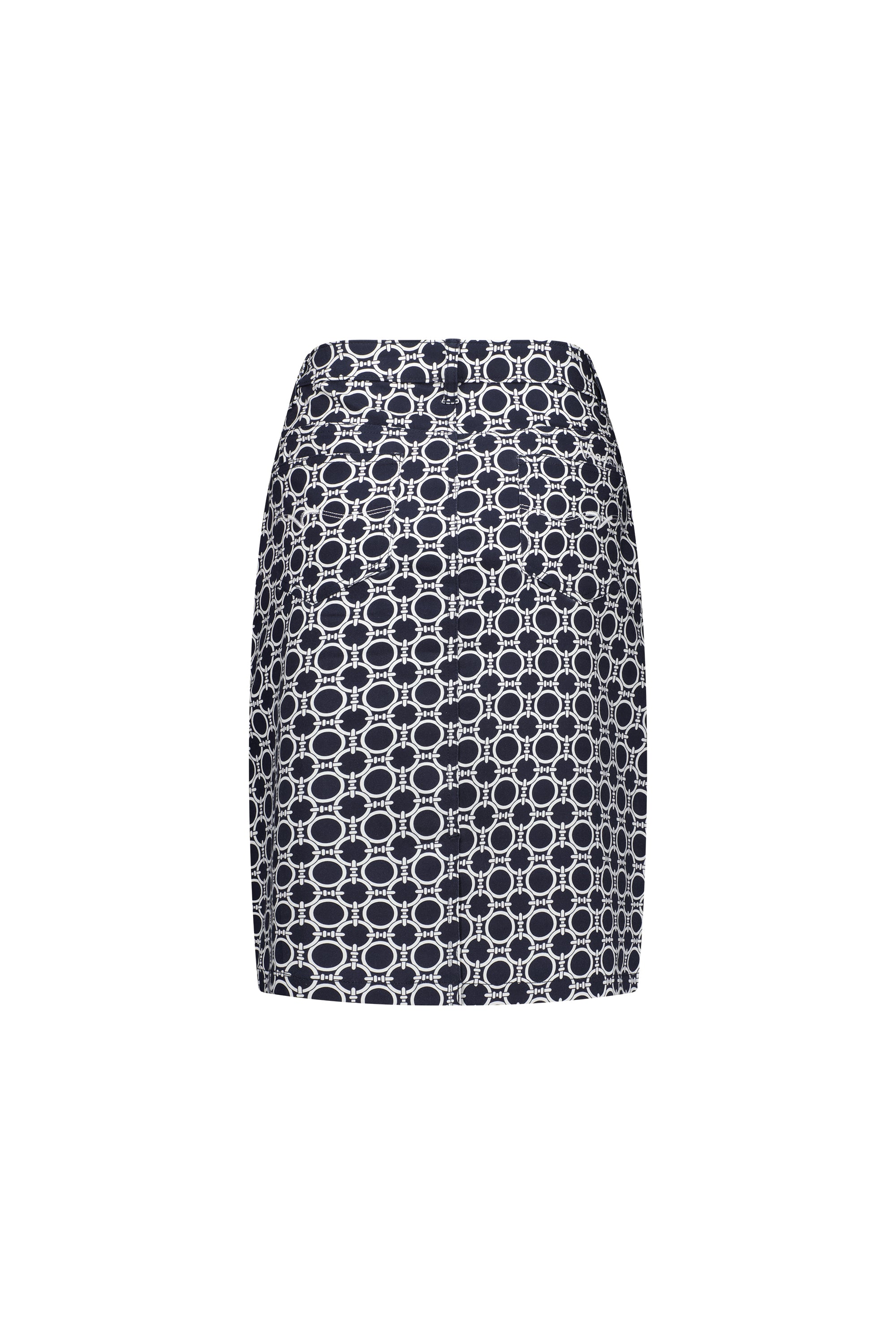 The Vassalli Poppy Skirt - Arlo is a high-waisted skirt with a black base and white geometric oval pattern, crafted from lightweight stretch fabric and shown on a plain white background.