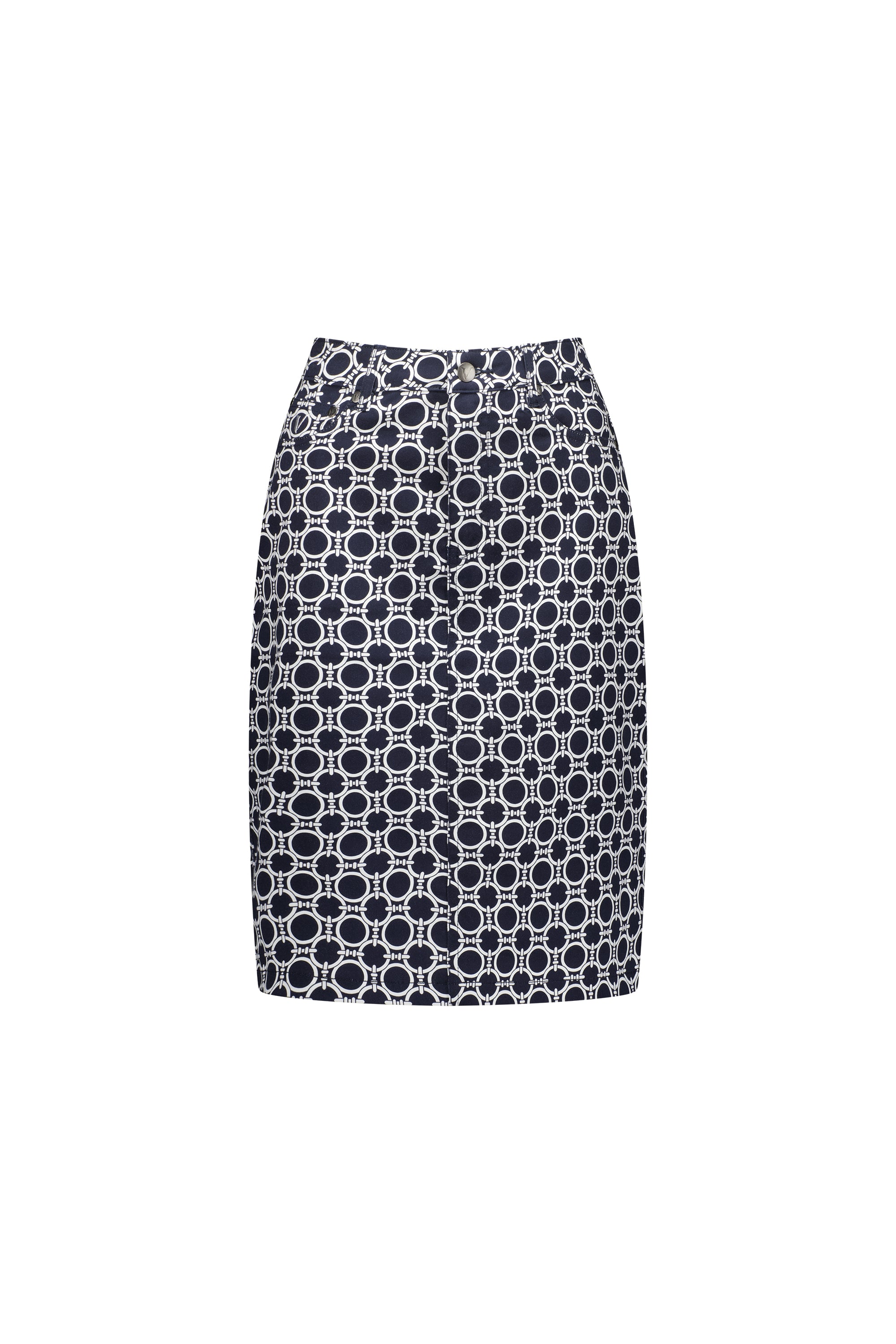 The Vassalli Poppy Skirt - Arlo is a knee-length, high-waisted skirt featuring a navy base with a white geometric circular pattern, crafted from stretch fabric and shown against a plain white background.