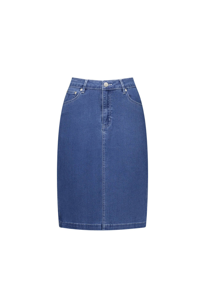 372AV Blue Hue - Plain Denim Skirt with Back Vent - Vassalli