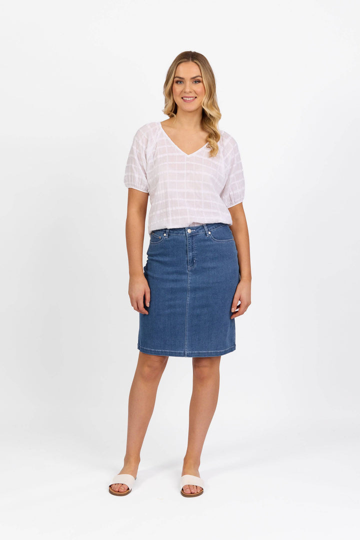 372AV Blue Hue - Plain Denim Skirt with Back Vent - Vassalli
