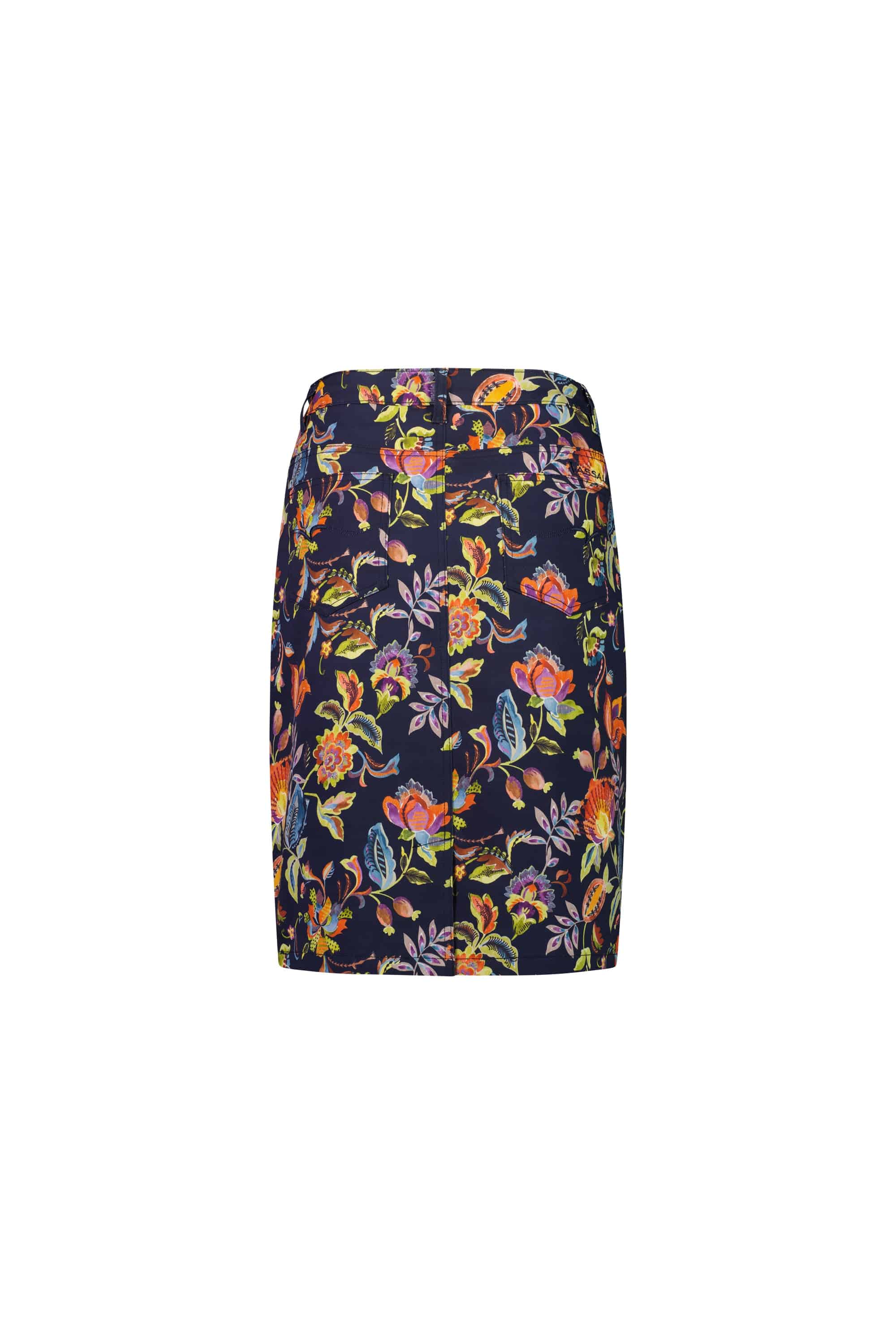 The Vassalli Poppy Skirt - Brazil is a lightweight dark blue skirt with a vibrant floral print in orange, yellow, green, and blue set against a crisp white background.