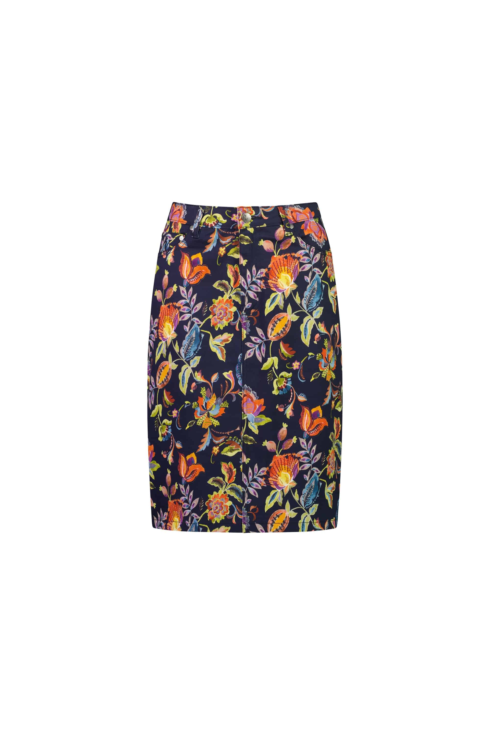 The Vassalli Poppy Skirt - Brazil is a knee-length, fitted skirt with a colorful floral print on a dark background, crafted from stretch fabric and featuring a center back vent.