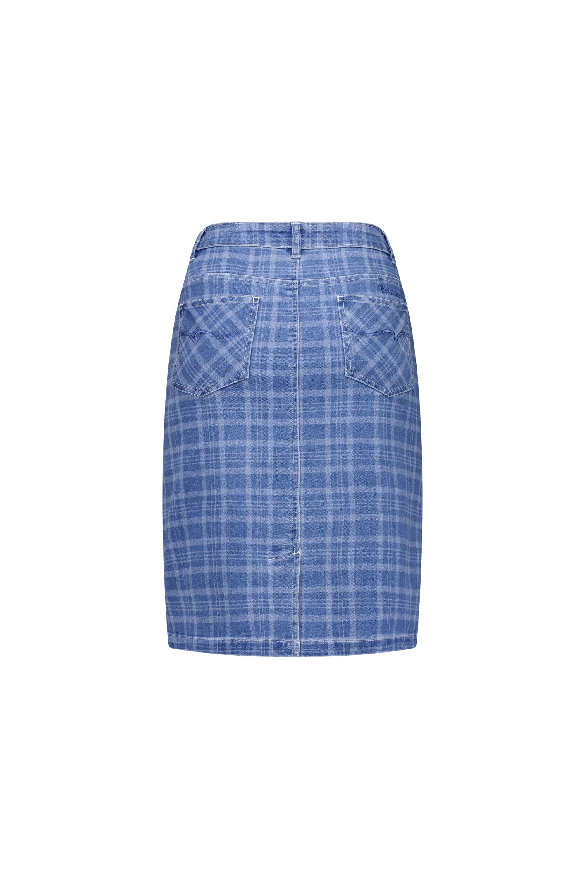 The Vassalli Poppy Skirt - Check Denim features a blue check print, high-waisted stretch denim, a straight, slightly fitted silhouette, two large back pockets, and a visible center seam.