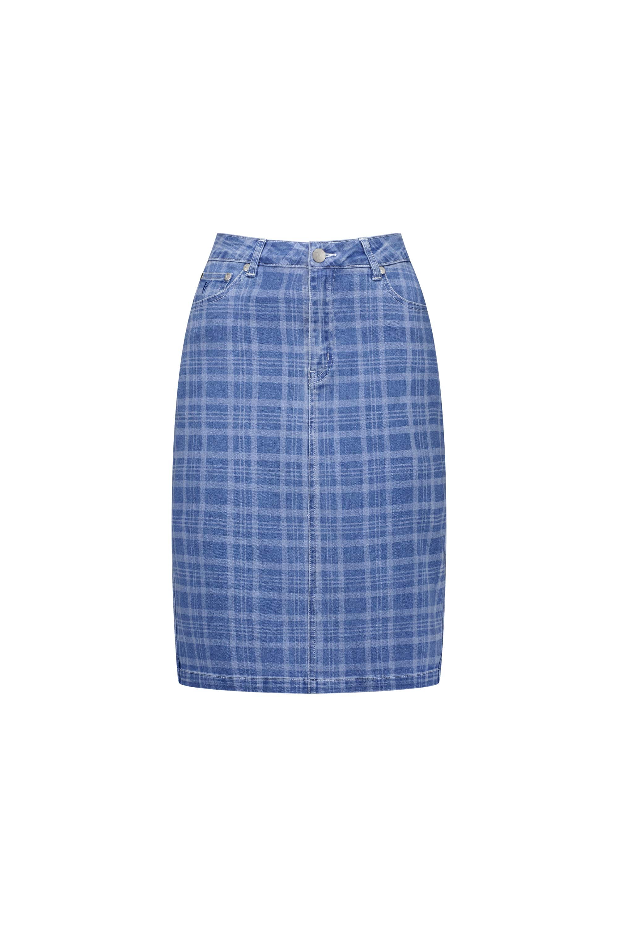 The Vassalli Poppy Skirt - Check Denim is a blue plaid, knee-length skirt with a fitted silhouette, front zipper, button closure, and side pockets, shown on a white background.
