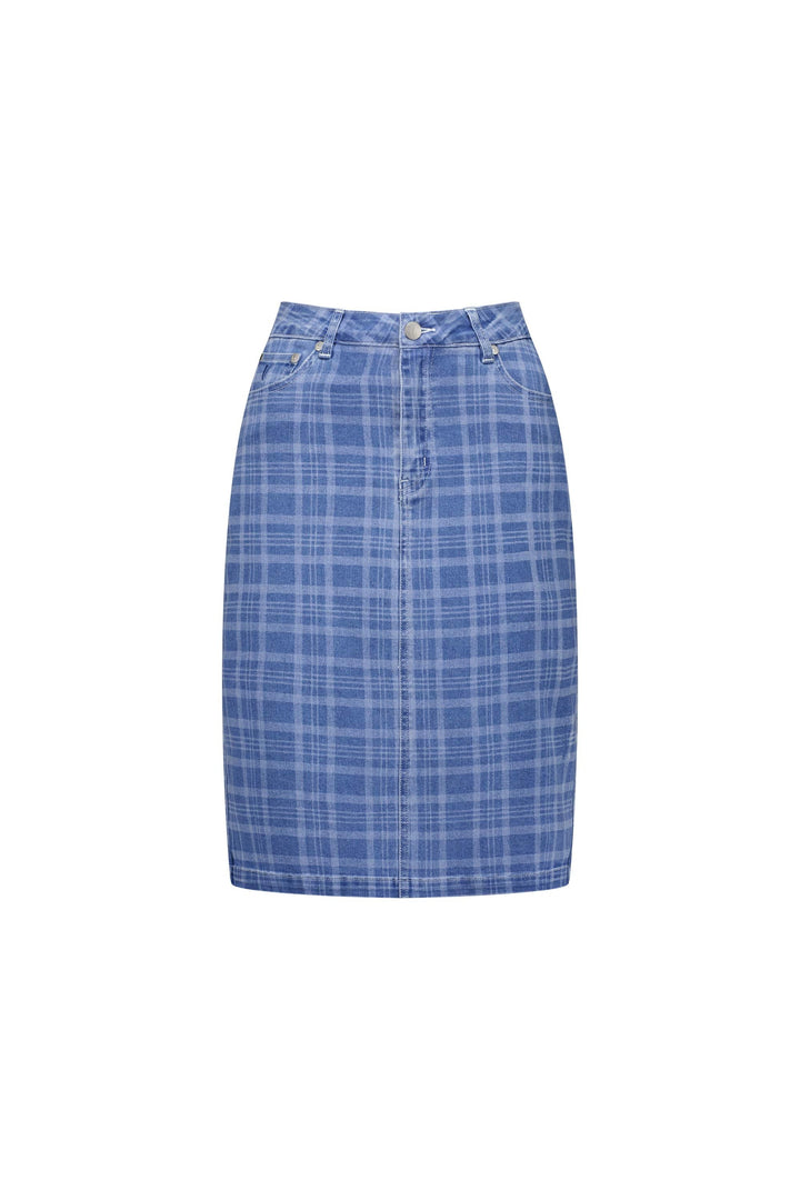 372AV Check - Printed Denim Skirt with Back Vent - Vassalli