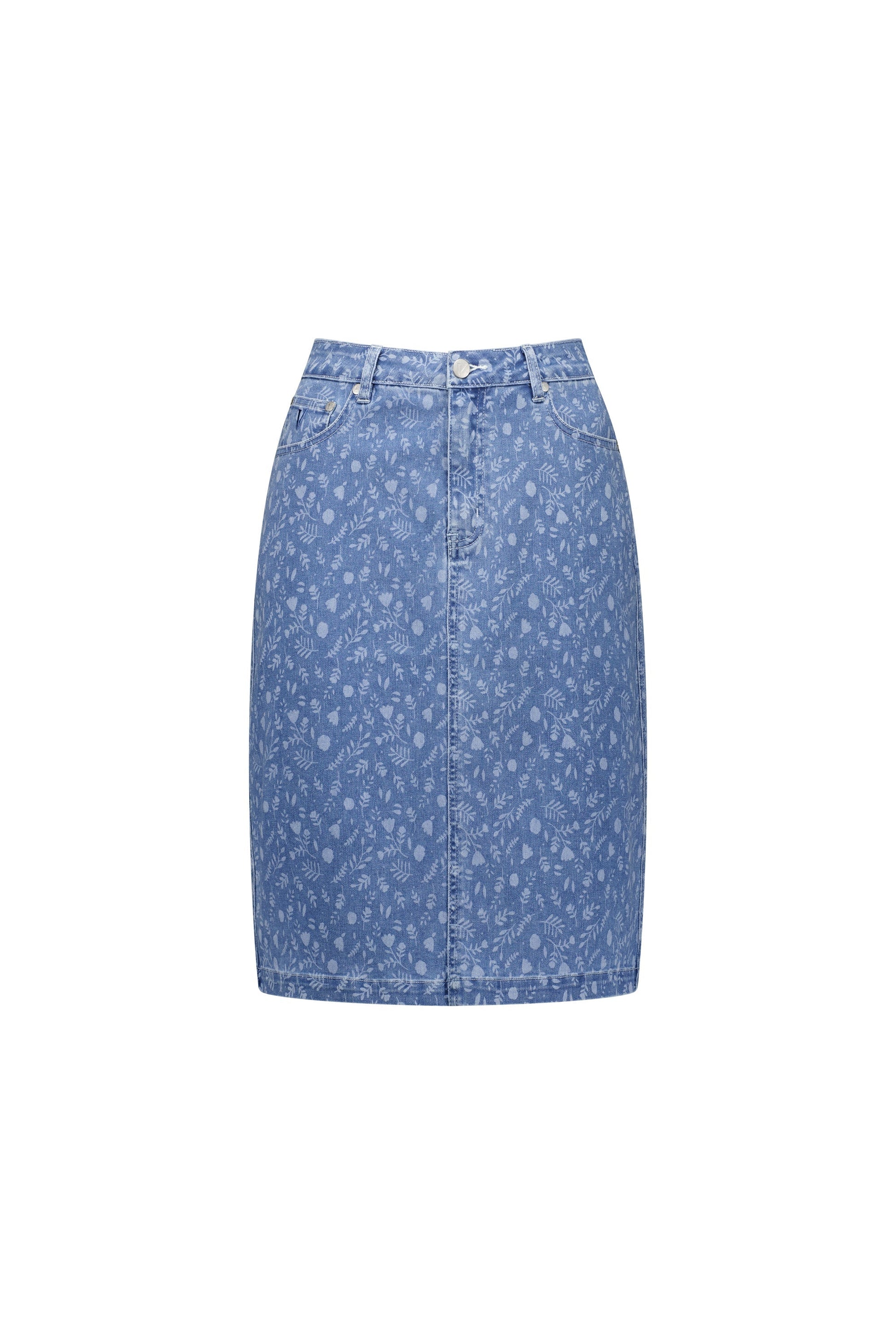 372AV Ditsy Floral - Printed Denim Skirt with Back Vent - Vassalli
