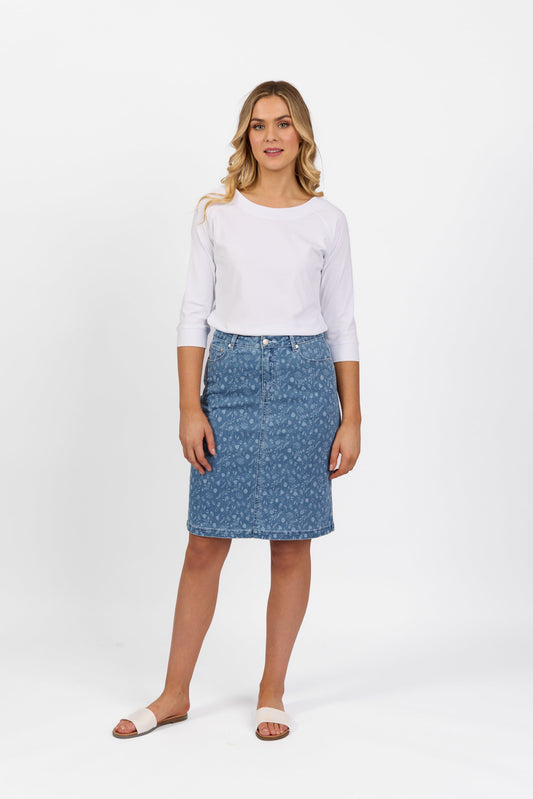 372AV Ditsy Floral - Printed Denim Skirt with Back Vent - Vassalli