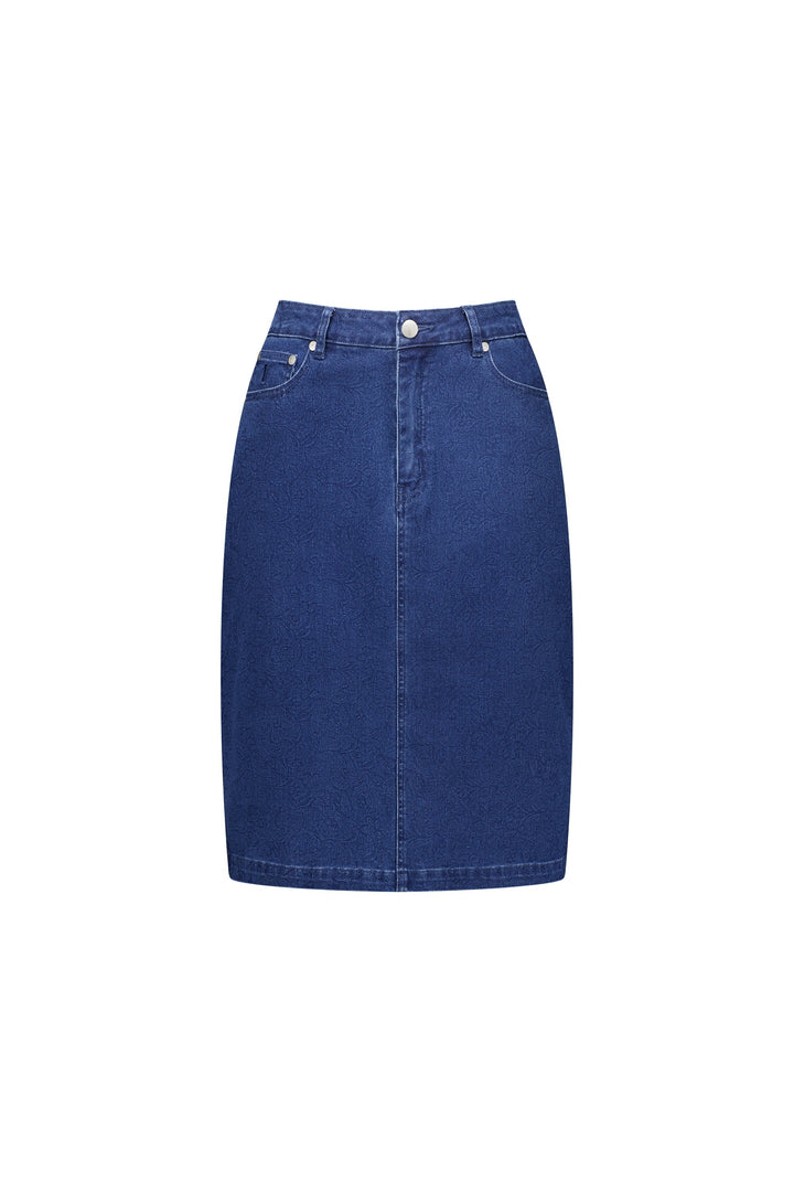 372AV Garden - Printed Denim Skirt with Back Vent - Vassalli