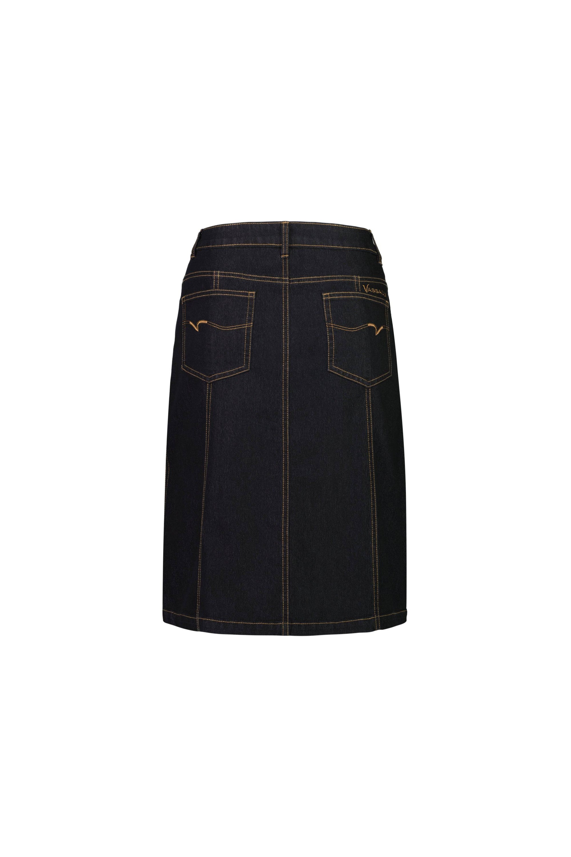The Poppy Skirt – Black Denim by Vassalli is pictured from the back, showcasing two rear pockets with contrast stitching. This denim skirt features a straight cut and visible seam lines, set against a plain white background.