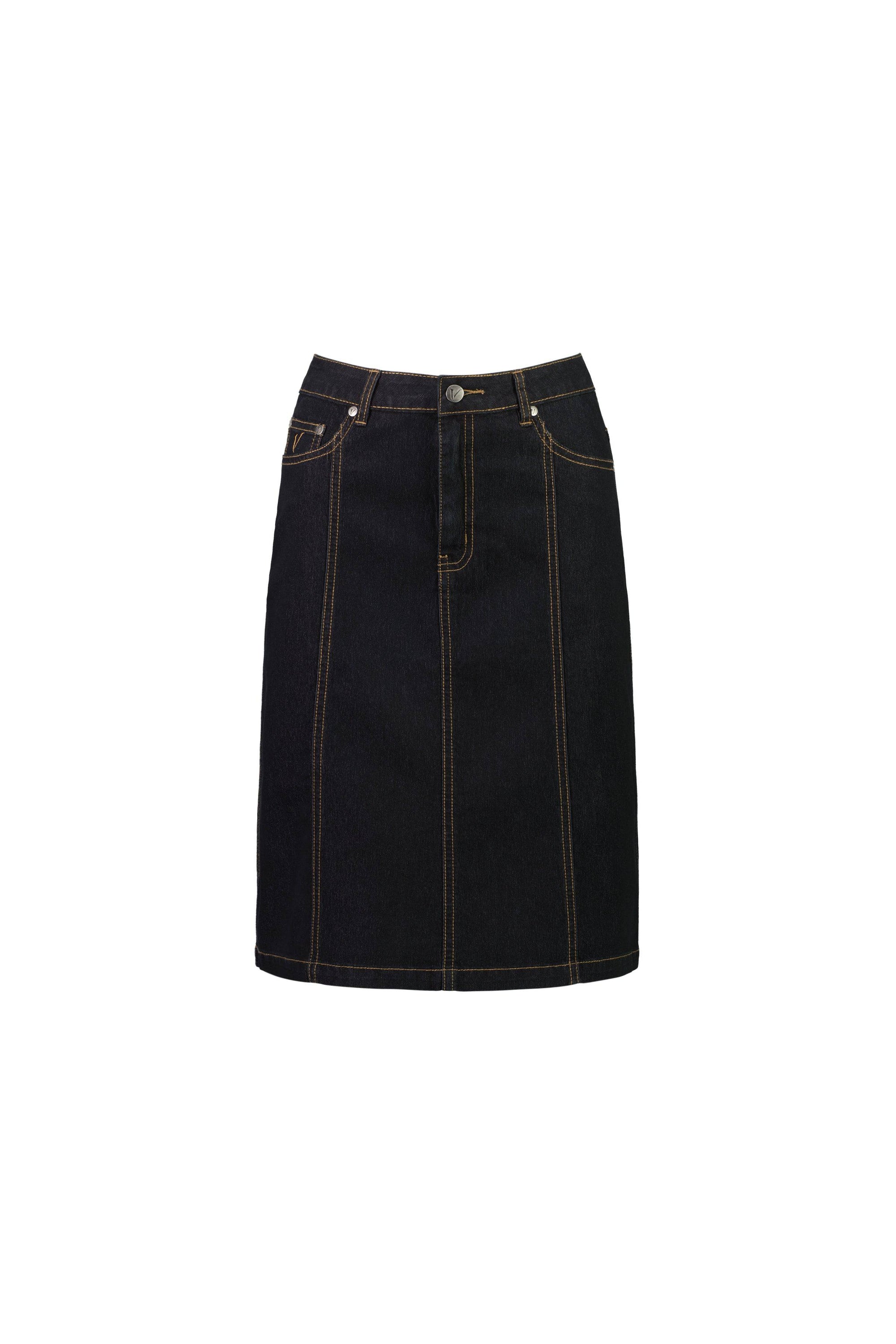 Vassalli’s Poppy Skirt in Black Denim features contrast stitching, front vertical seams, a front button and zipper closure, belt loops, and pockets. The skirt is shown against a plain white background.