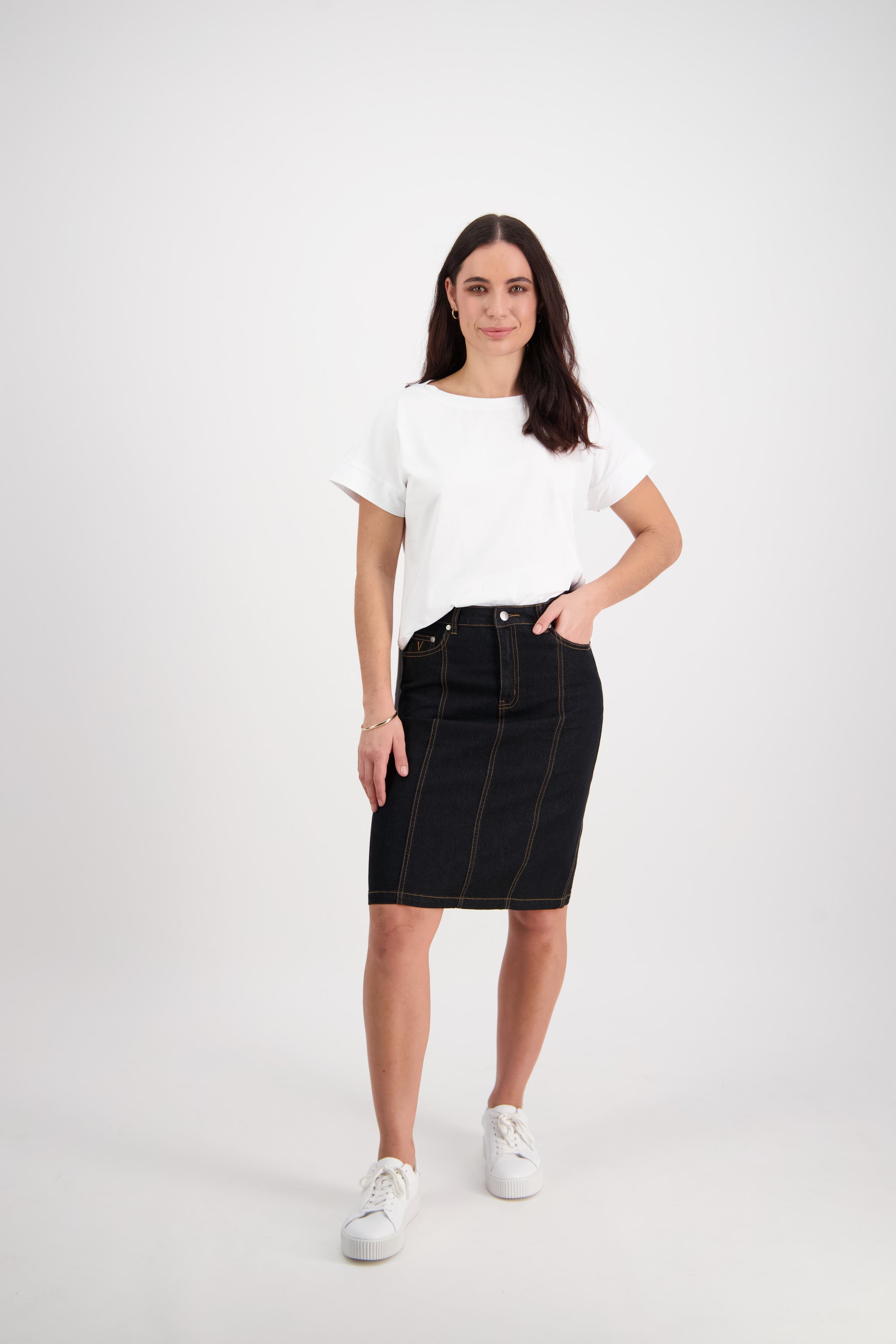 Black denim skirt white stitching best sale