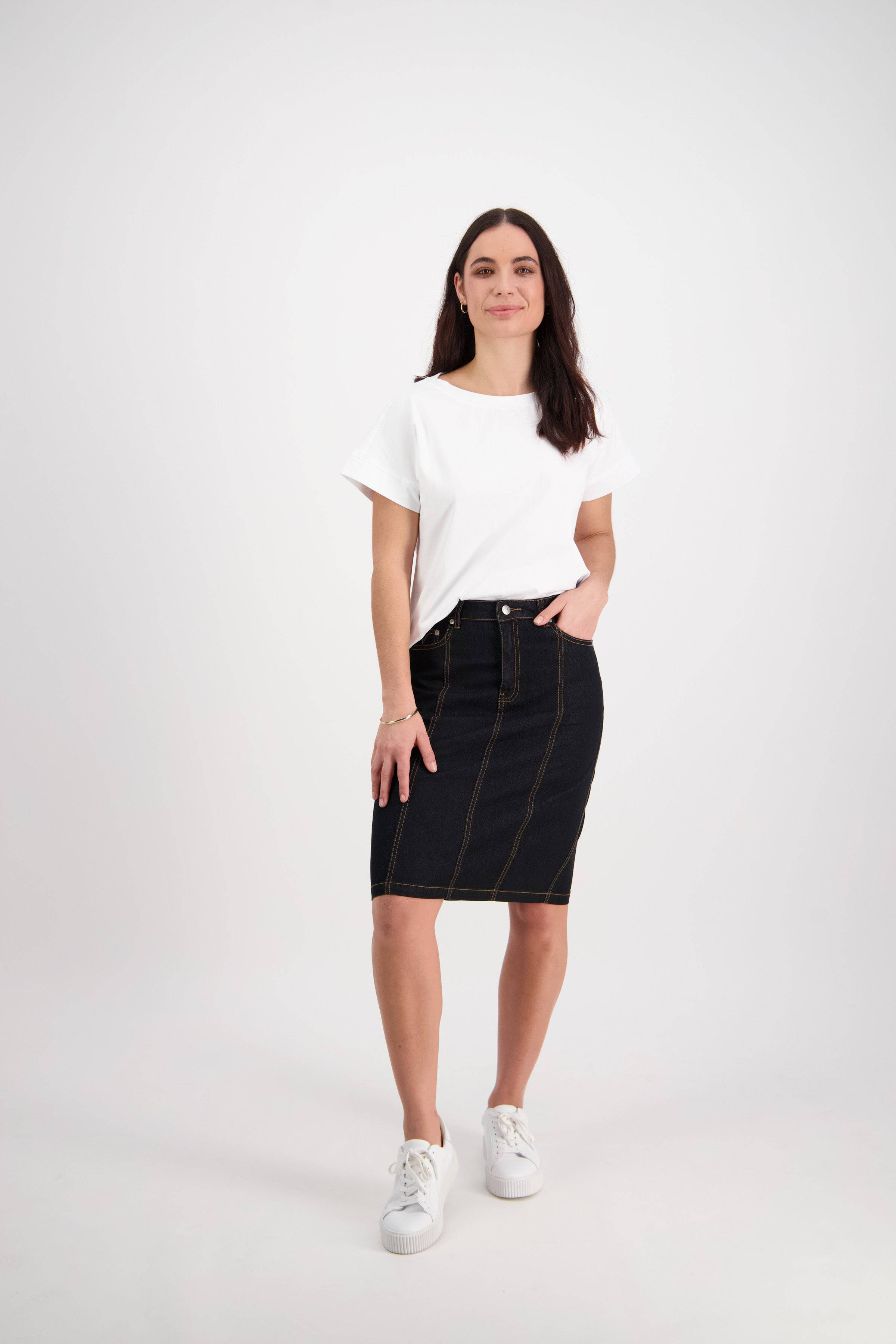 372CS Black Denim - Contrast Stitch Denim Skirt - Vassalli