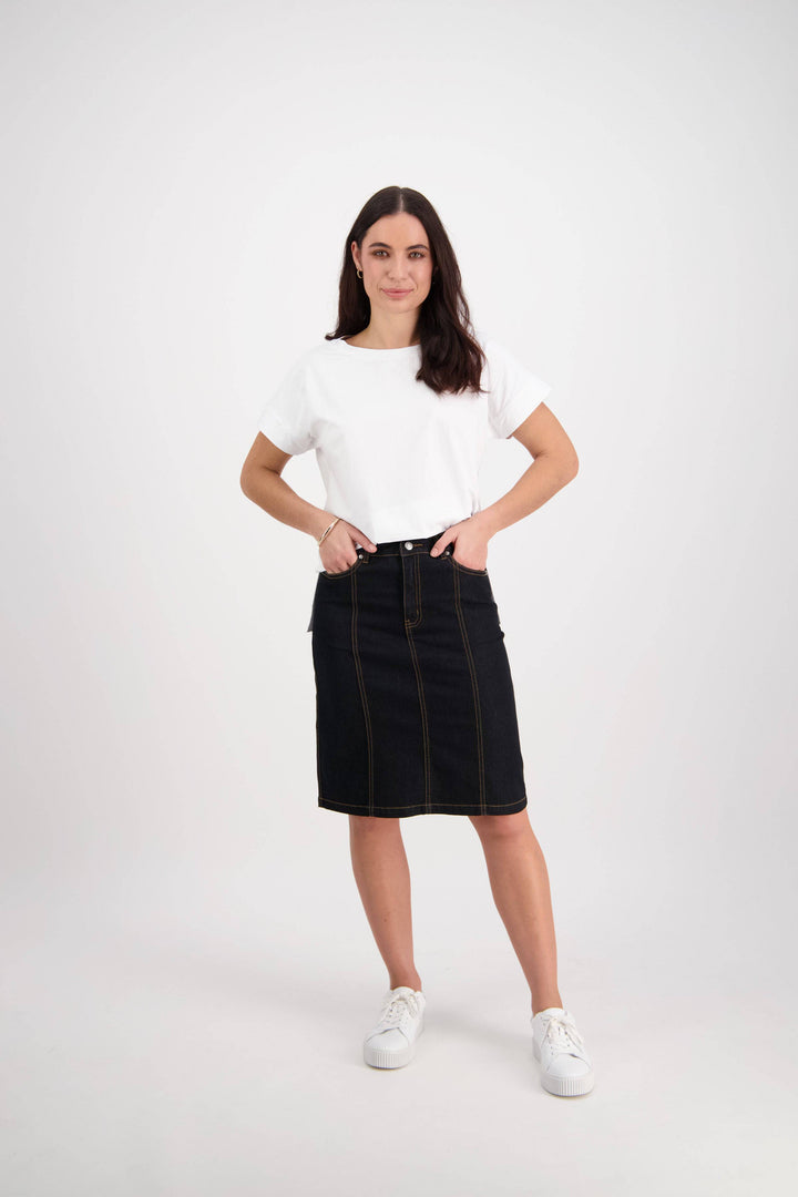 372CS Black Denim - Contrast Stitch Denim Skirt - Vassalli